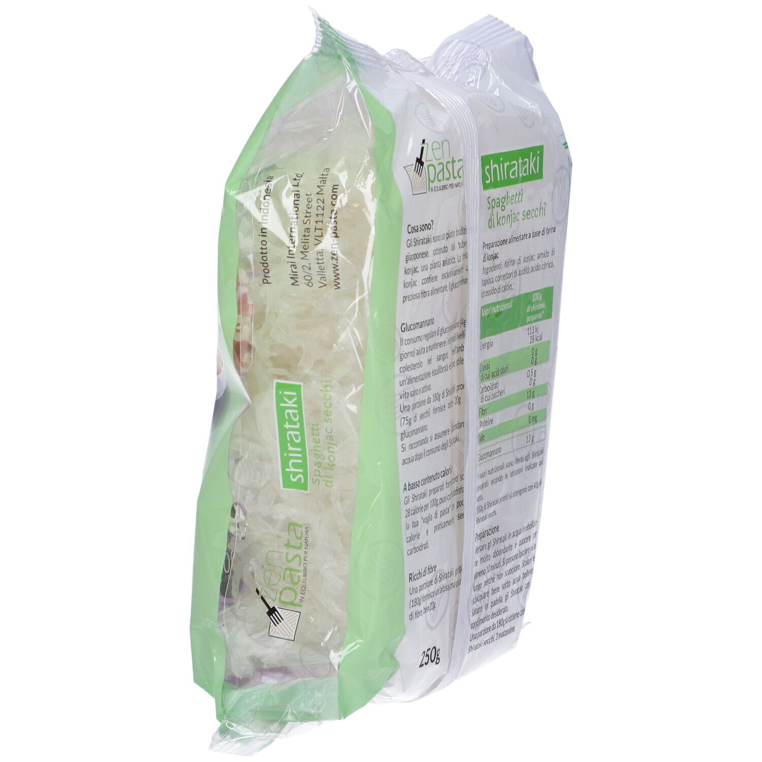 Confezione di spaghetti Shirataki di Konjac Secchi. Scritte: Zenpasta, Shirataki, 250g.