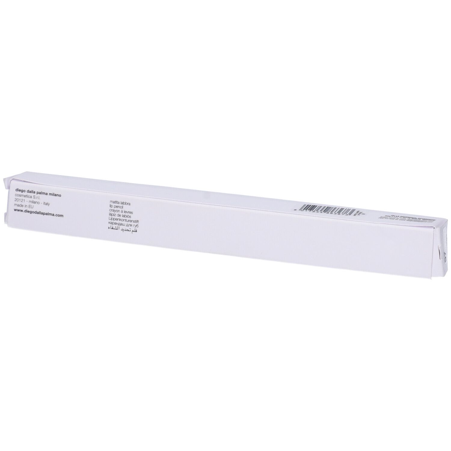 Confezione bianca, sottile e lunga. Stampe: logo, nome prodotto, codice a barre. Vista prospettica.