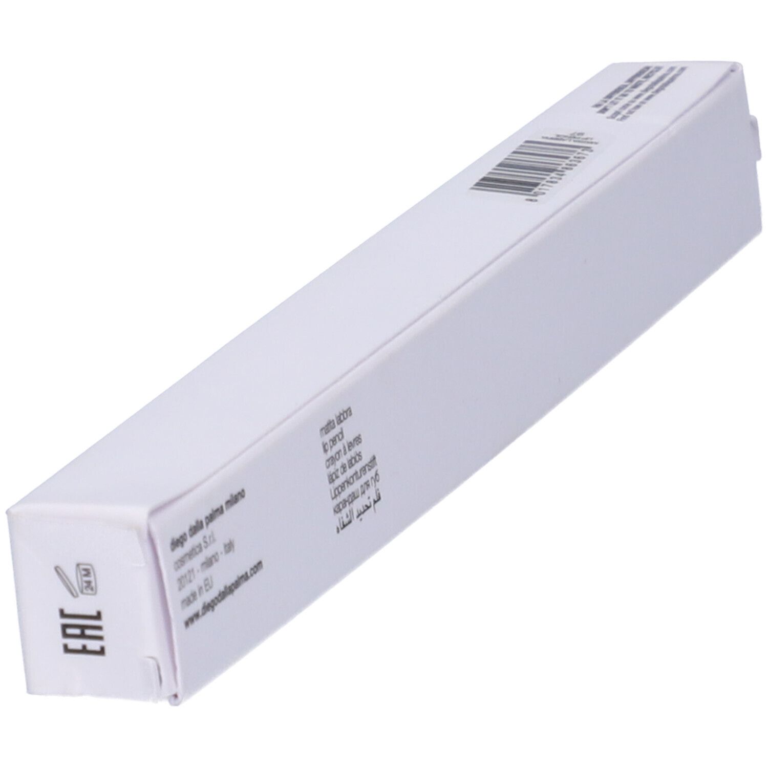 Confezione bianca sottile. Stampe: logo, nome prodotto, codice a barre, codice EAN. Vista prospettica.