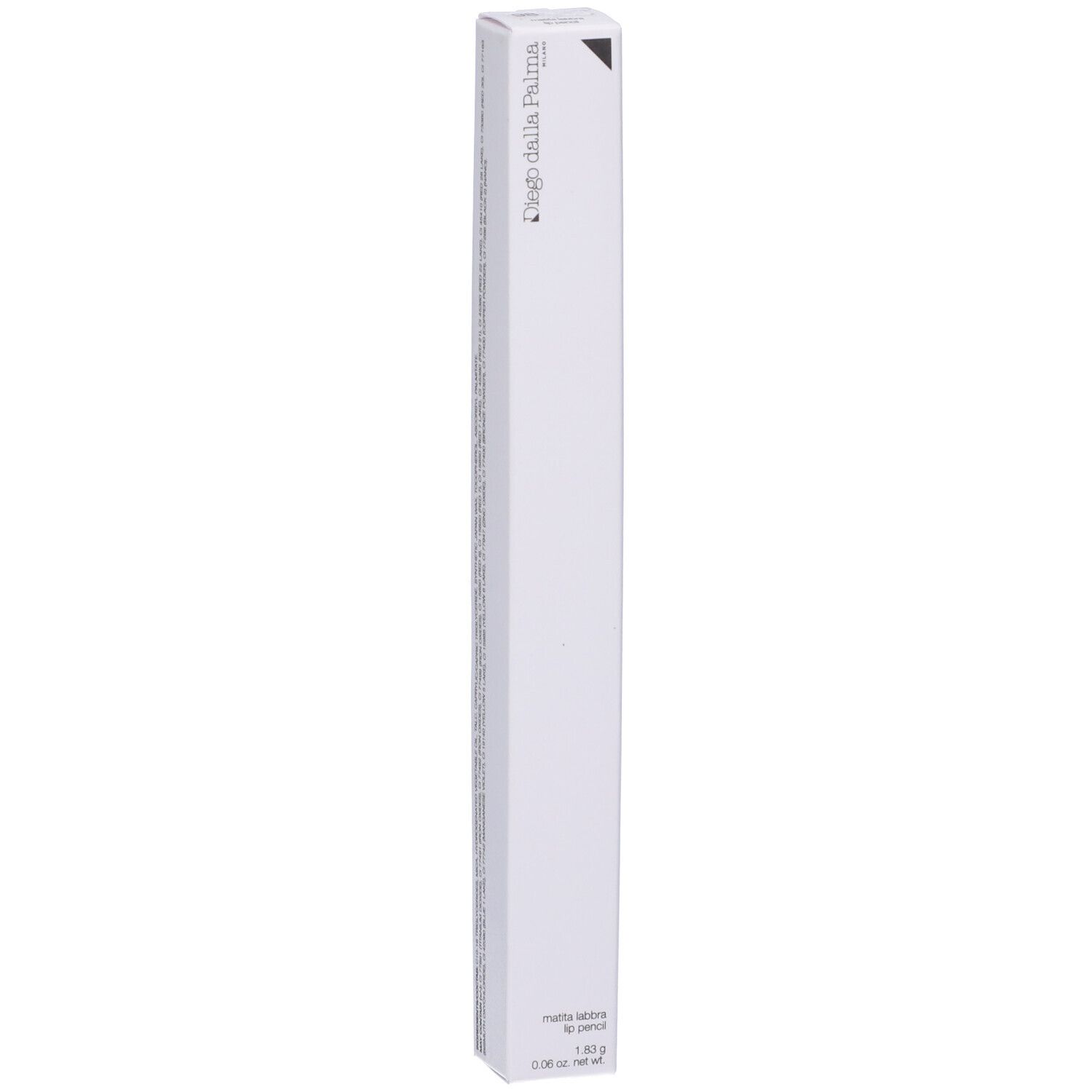 Confezione bianca sottile. In alto, "Diego dalla Palma". In basso, "Matita labbra lip pencil".