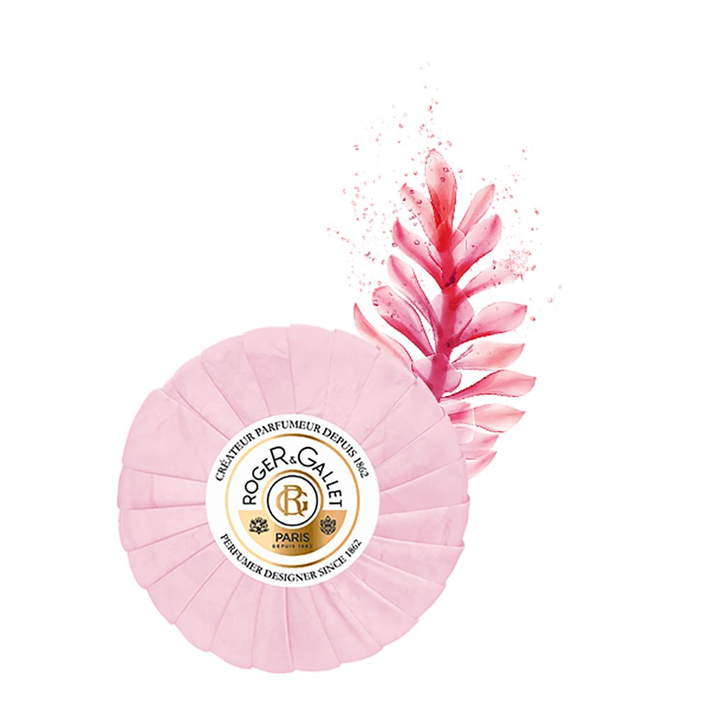 Sapone rotondo rosa con confezione di carta e illustrazione floreale. Logo: Roger & Gallet, Paris. Testo: Parfumeur Designer since 1862.