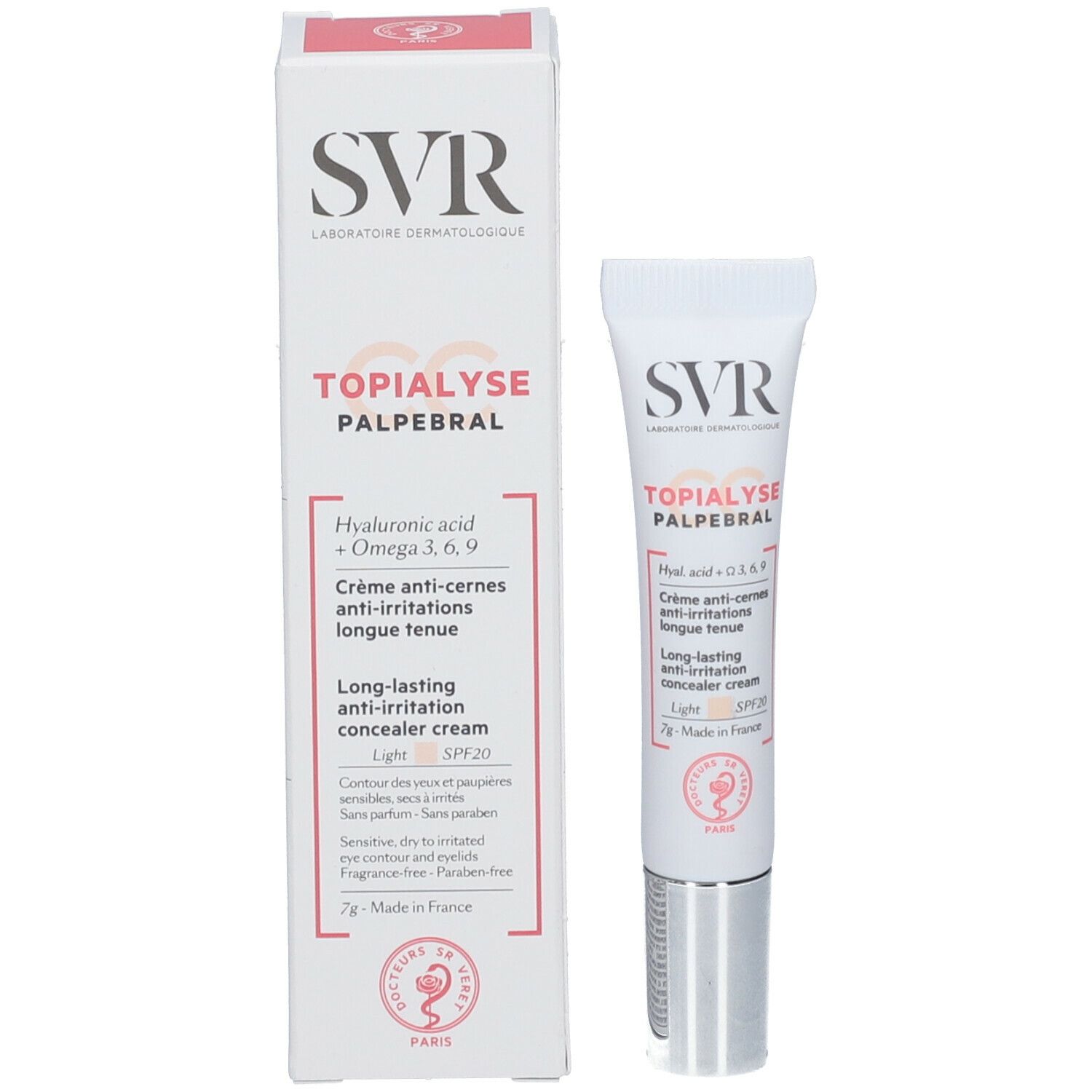 Tubo e confezione SVR Topialyse Palpébral CC Light. Scatola bianca con informazioni e tubo.
