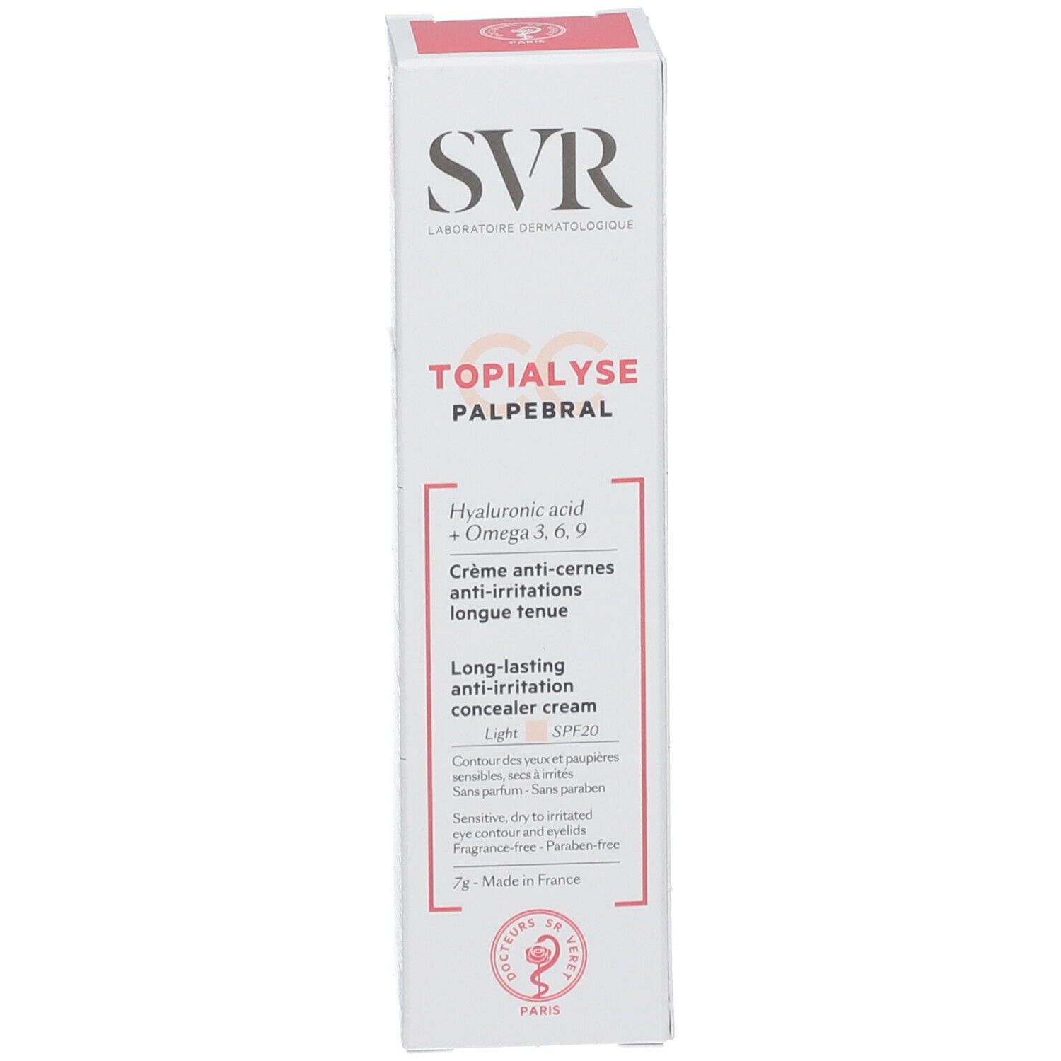 Confezione SVR Topialyse Palpébral CC Light. Scatola bianca con informazioni e logo.