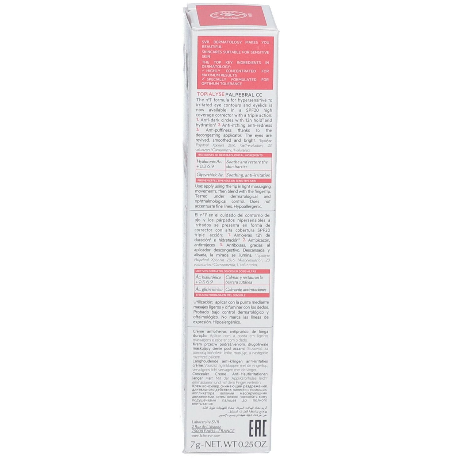 Retro della confezione SVR Topialyse Palpébral CC Light. Testo multilingue. Informazioni sul prodotto.