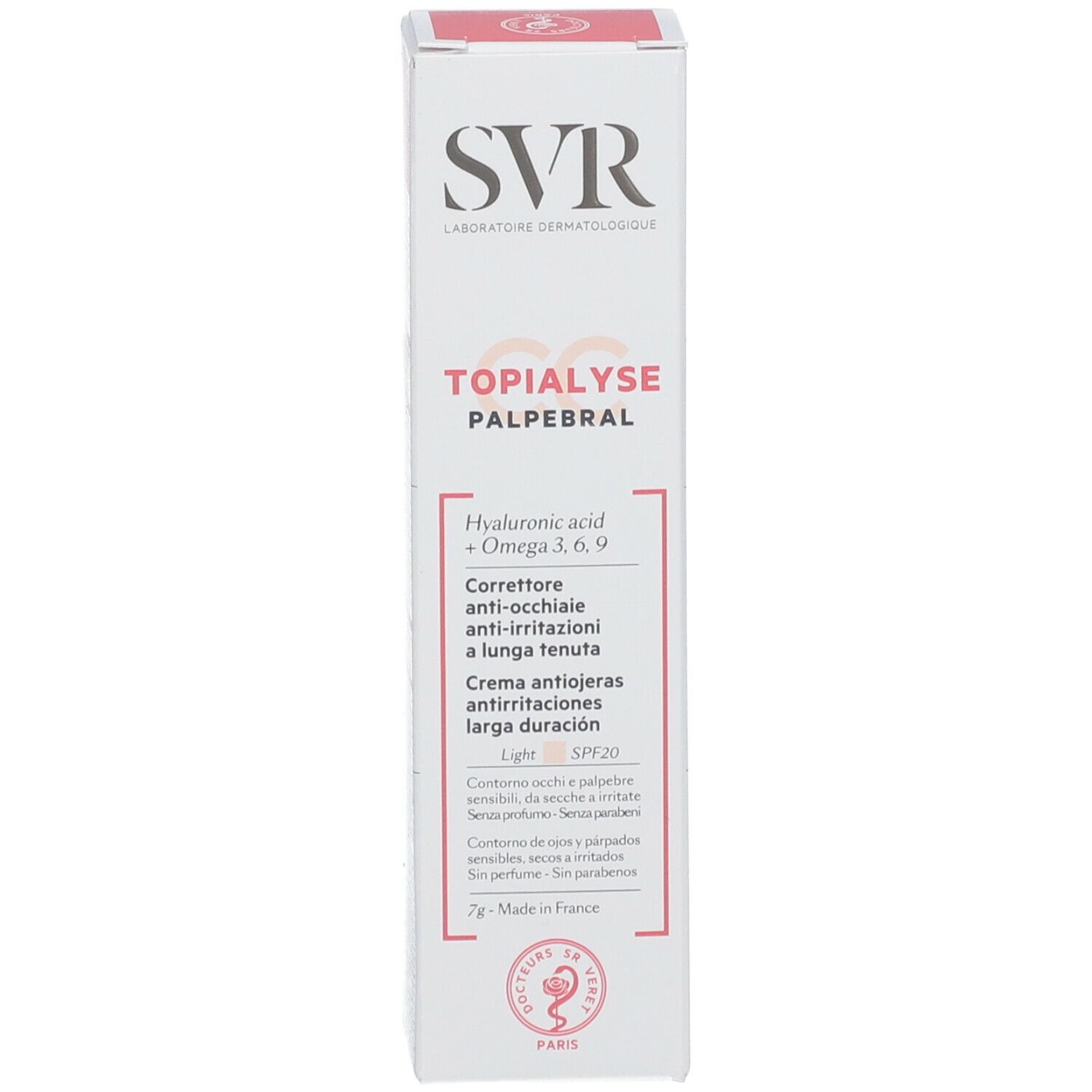 Confezione SVR Topialyse Palpébral CC Light. Testo multilingue. Informazioni sul prodotto.