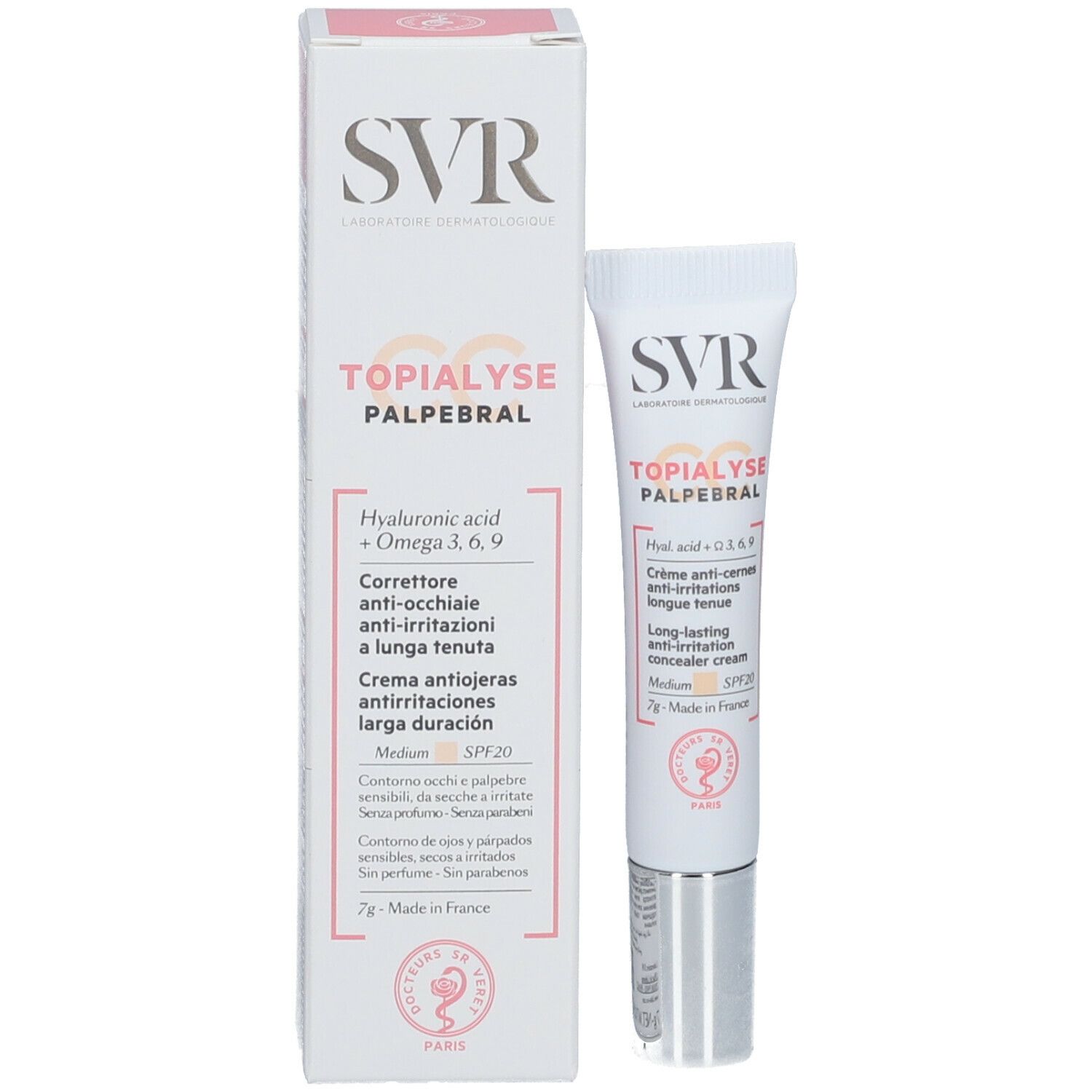 Prodotto e confezione. Scatola e tubo bianchi. Scritte: SVR, Topialyse Palpébral, Medium. Contiene Ialuronico, Omega 3, 6, 9.