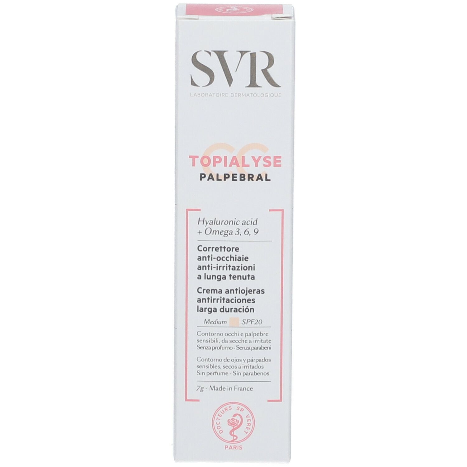 Scatola bianca con accenti rosa. Scritte: SVR, Topialyse Palpébral, Medium. Contiene Ialuronico, Omega 3, 6, 9. Testo multilingue.