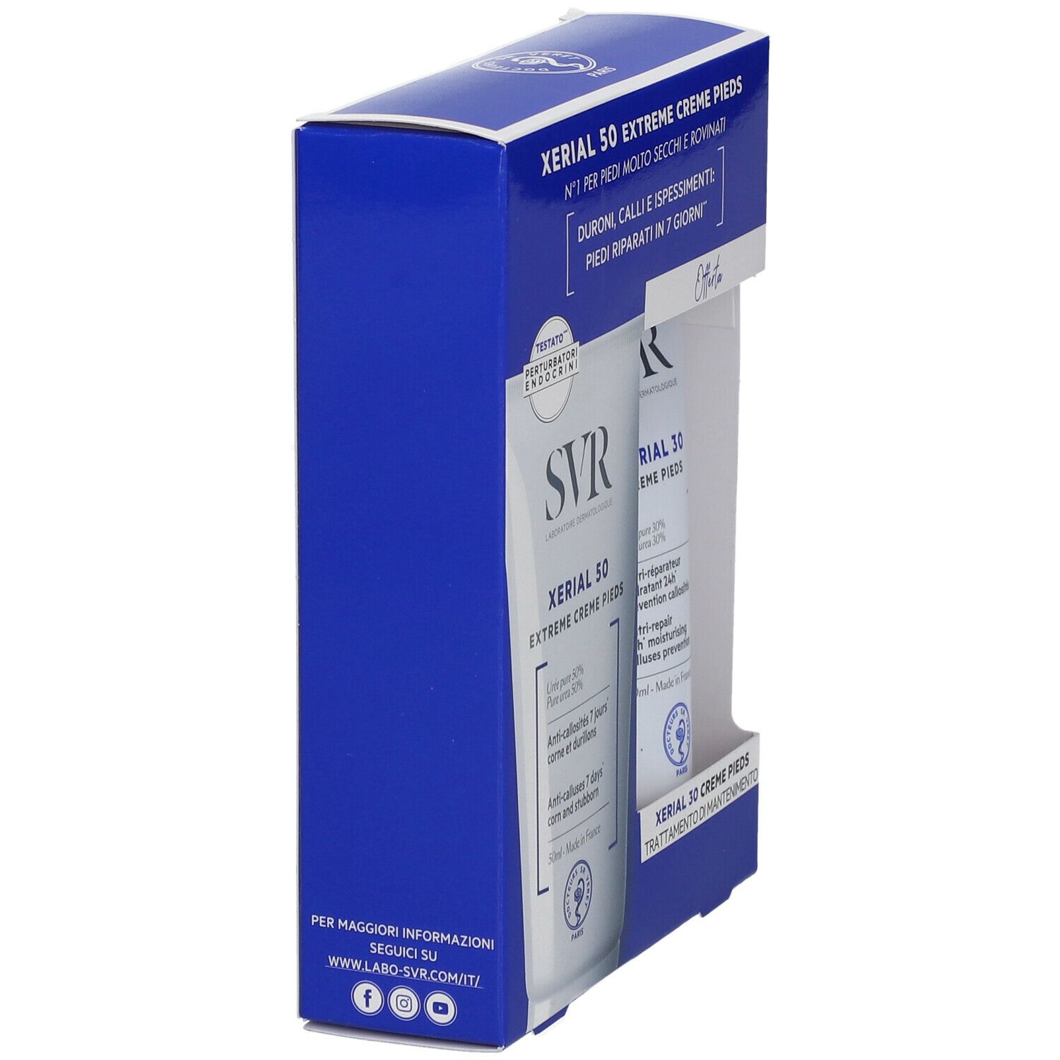 Confezione blu con testo bianco. Scritta: Xerial 50 Extreme Creme Pieds. Vista laterale della confezione.