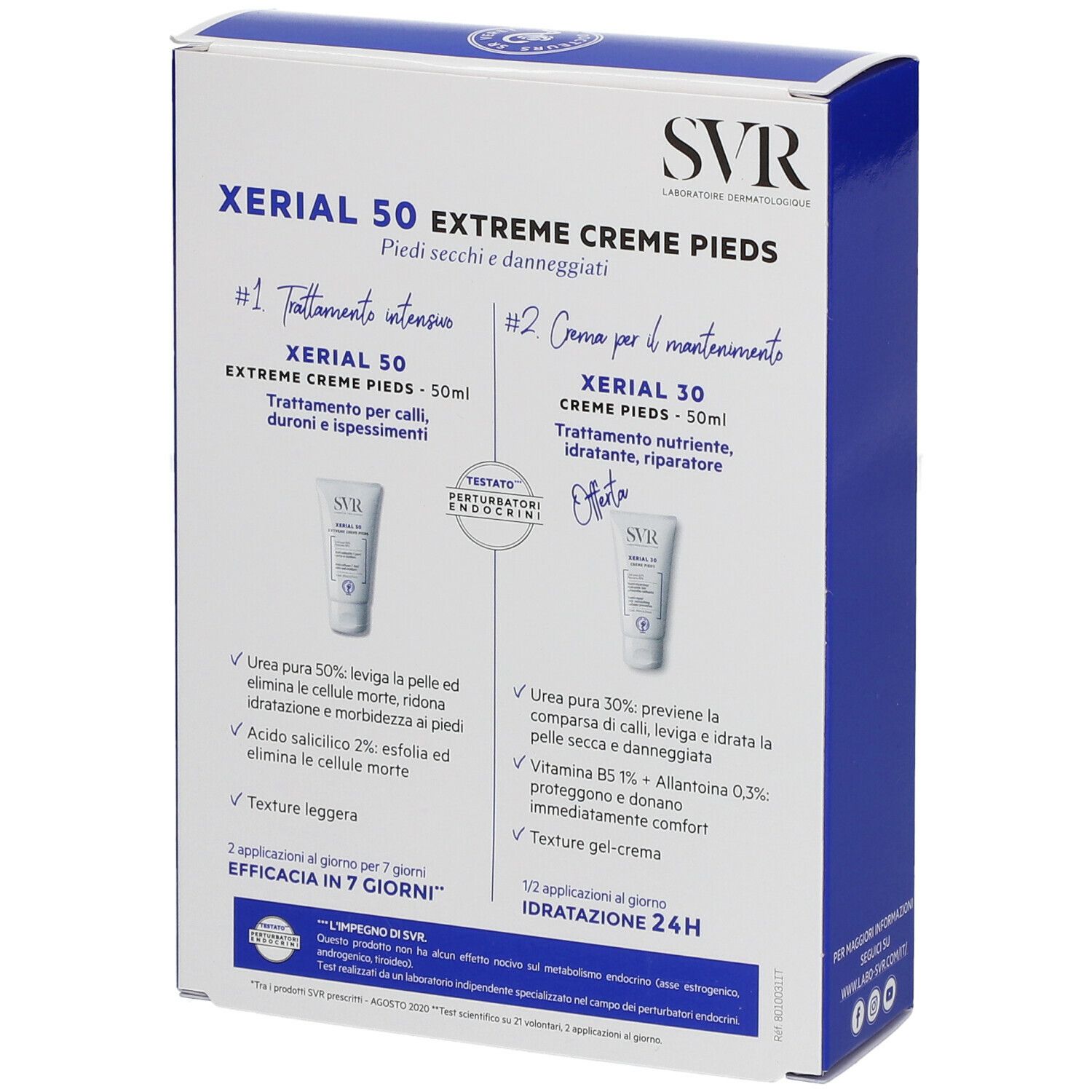 Retro della confezione. Testo: Xerial 50 Extreme Creme Pieds. Due immagini del prodotto. Ingredienti e utilizzo.