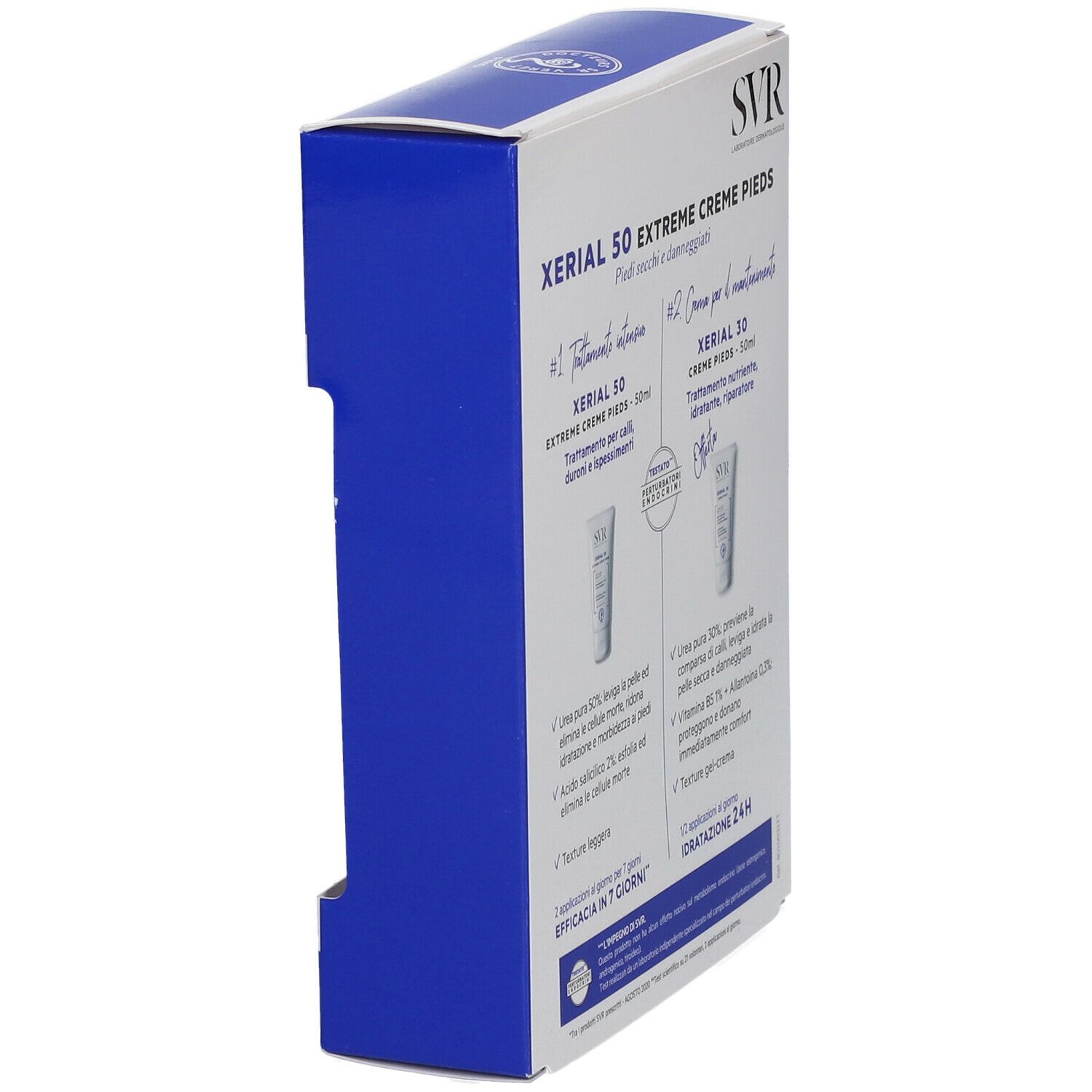 Vista laterale della confezione. Testo: Xerial 50 Extreme Creme Pieds. Immagini e informazioni sul prodotto.
