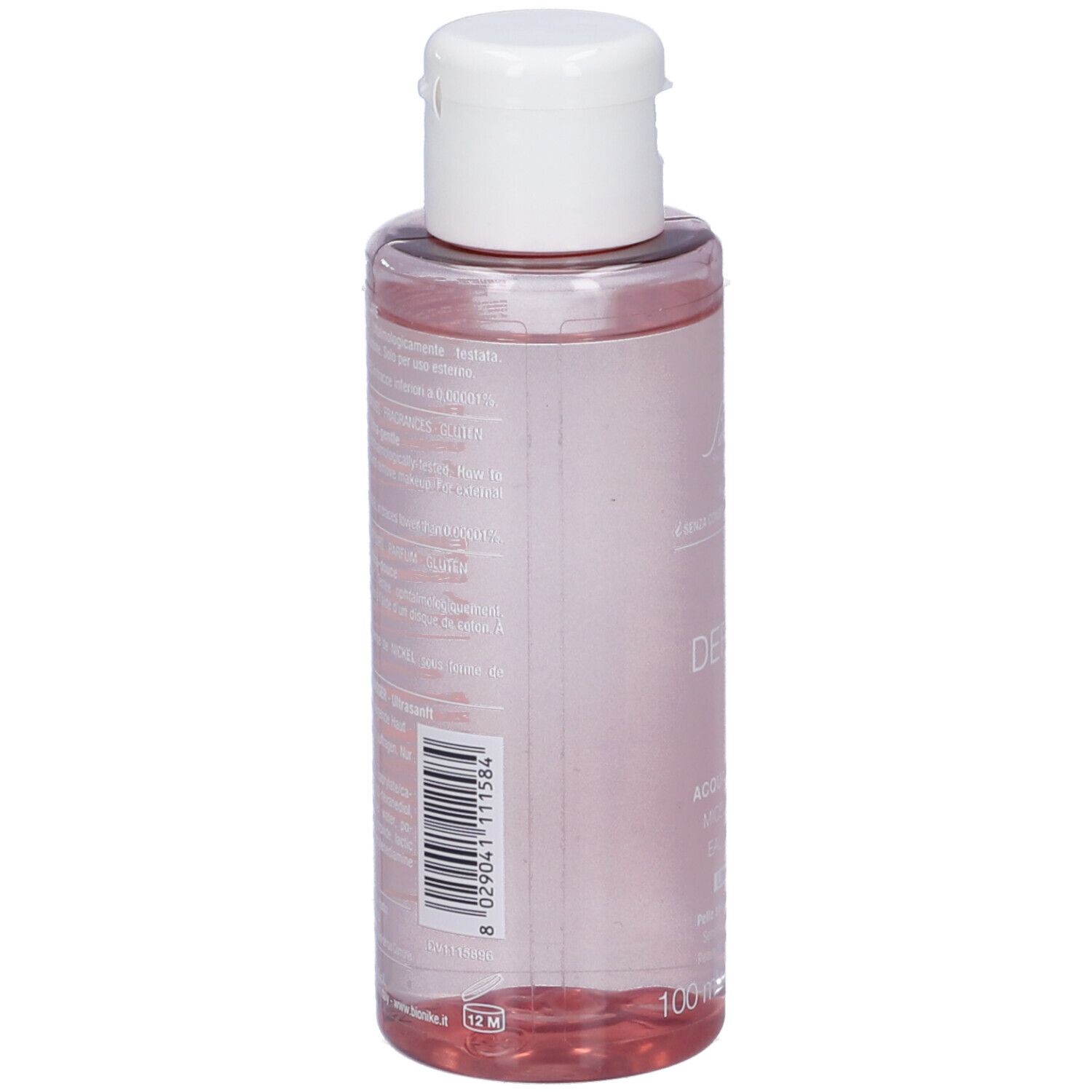 Retro del flacone. Codice a barre e testo. Flacone con liquido rosa. Tappo bianco.