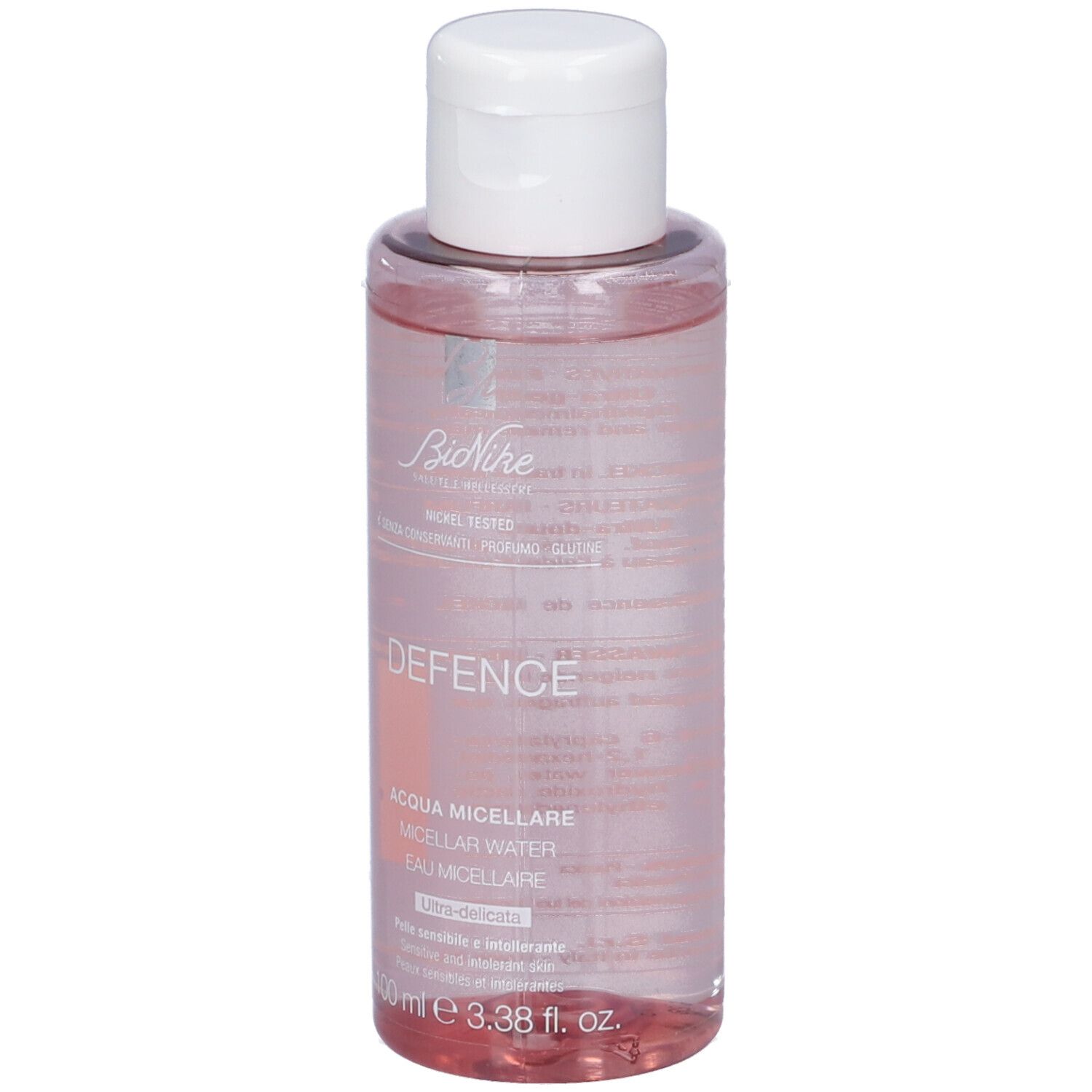 Flacone trasparente con tappo bianco. Scritte: DEFENCE, ACQUA MICELLARE, MICELLES WATER, EAU MICELLAIRE. 100 ml.