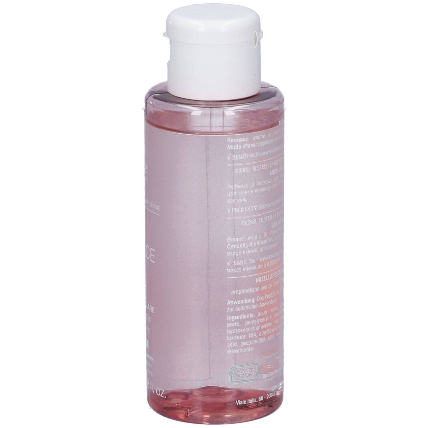 Retro del flacone. Testo multilingue. Flacone con liquido rosa. Tappo bianco.