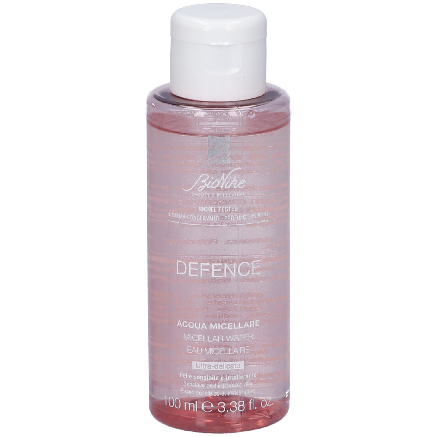 Flacone trasparente con tappo bianco. Scritte: DEFENCE, ACQUA MICELLARE, MICELLES WATER, EAU MICELLAIRE. 100 ml.