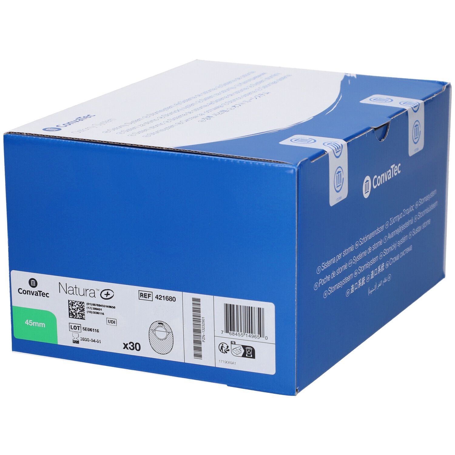 Scatola blu con coperchio bianco. Stampa: Convatec Natura+, 45mm, x30. Immagine del prodotto. Codice a barre e altre informazioni.
