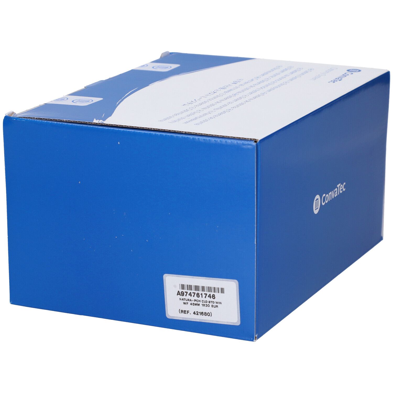 Scatola blu con coperchio bianco. Adesivo con informazioni sul prodotto e codice a barre. Logo Convatec.