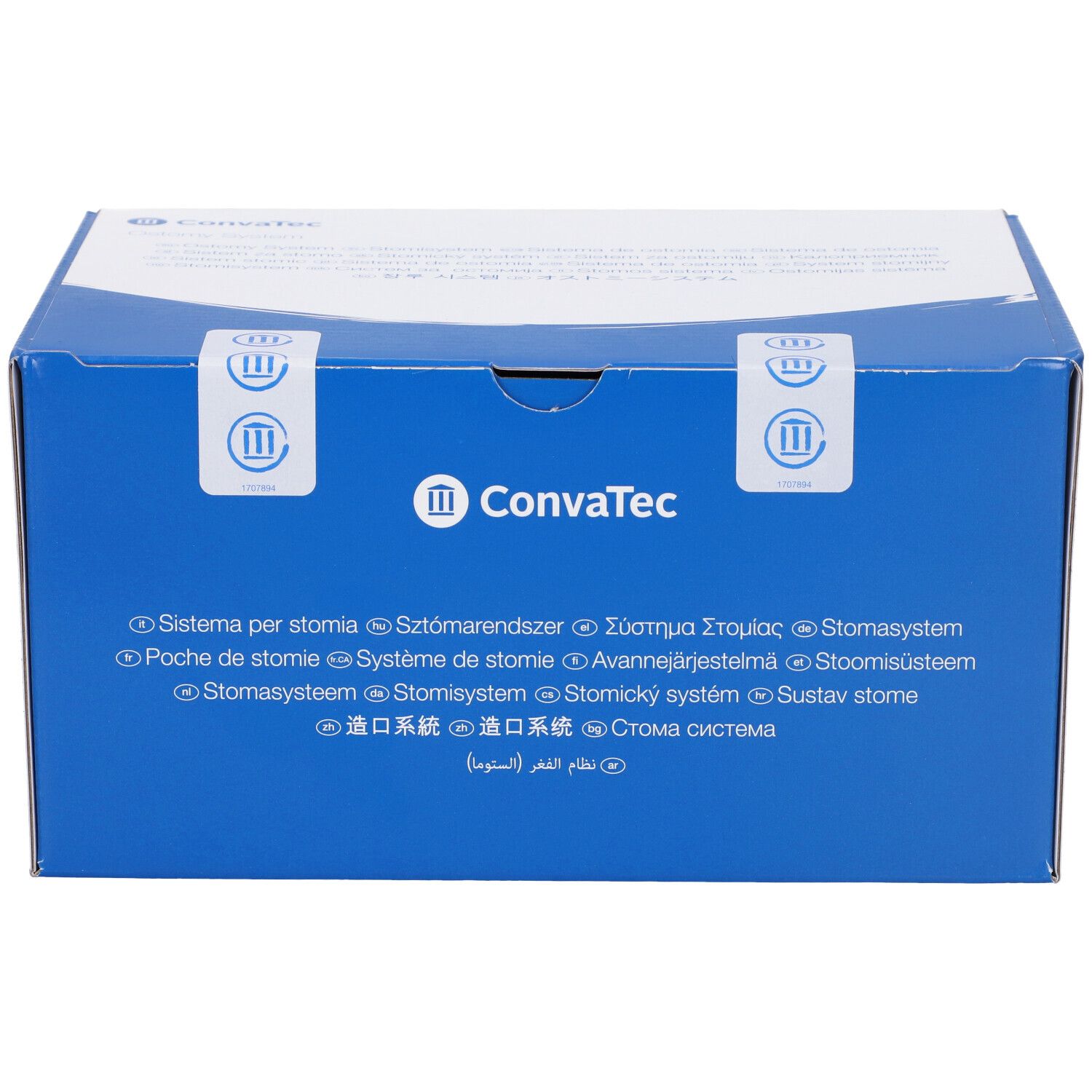 Scatola blu con coperchio bianco. Stampa: logo Convatec e nomi dei prodotti multilingue. Sigilli di sicurezza.