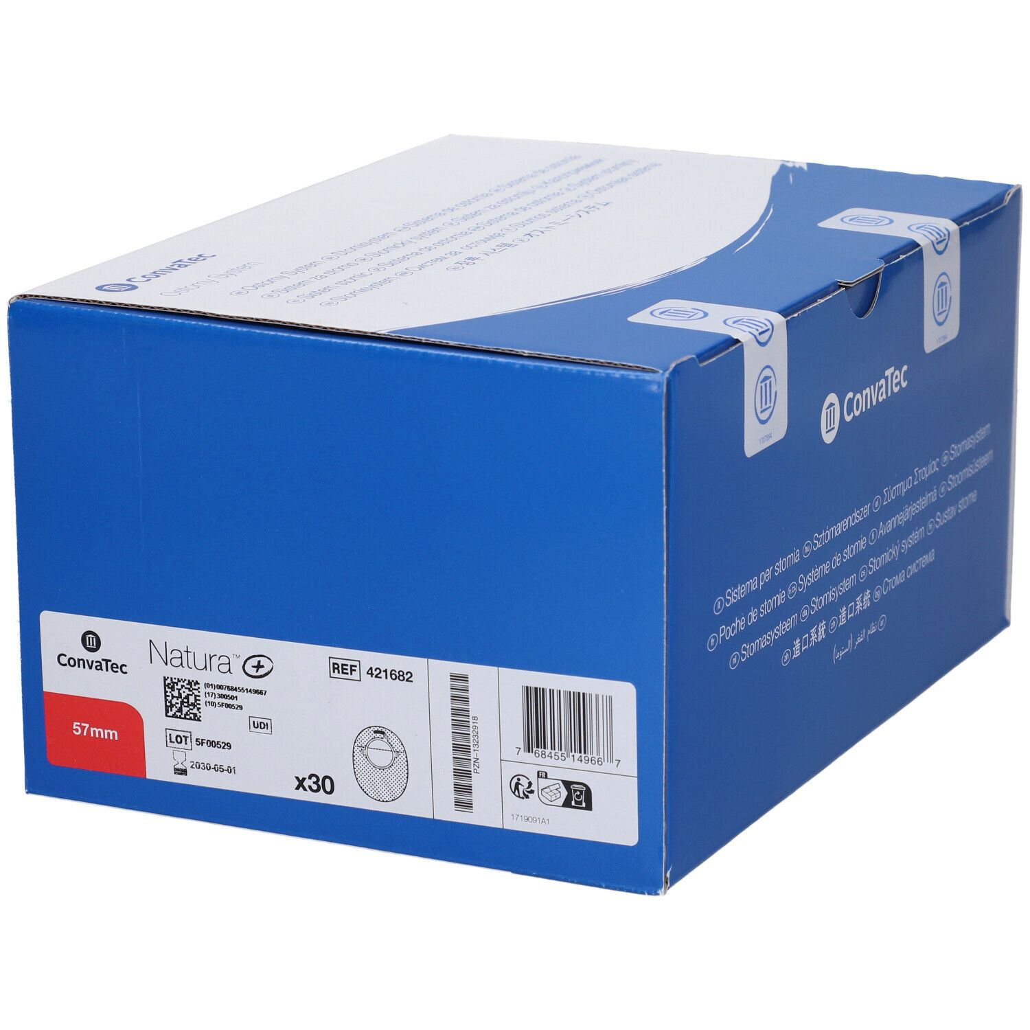 Scatola blu con coperchio bianco. Stampa: Convatec, Natura, 57mm, x30. Illustrazione prodotto. Codice a barre e informazioni.