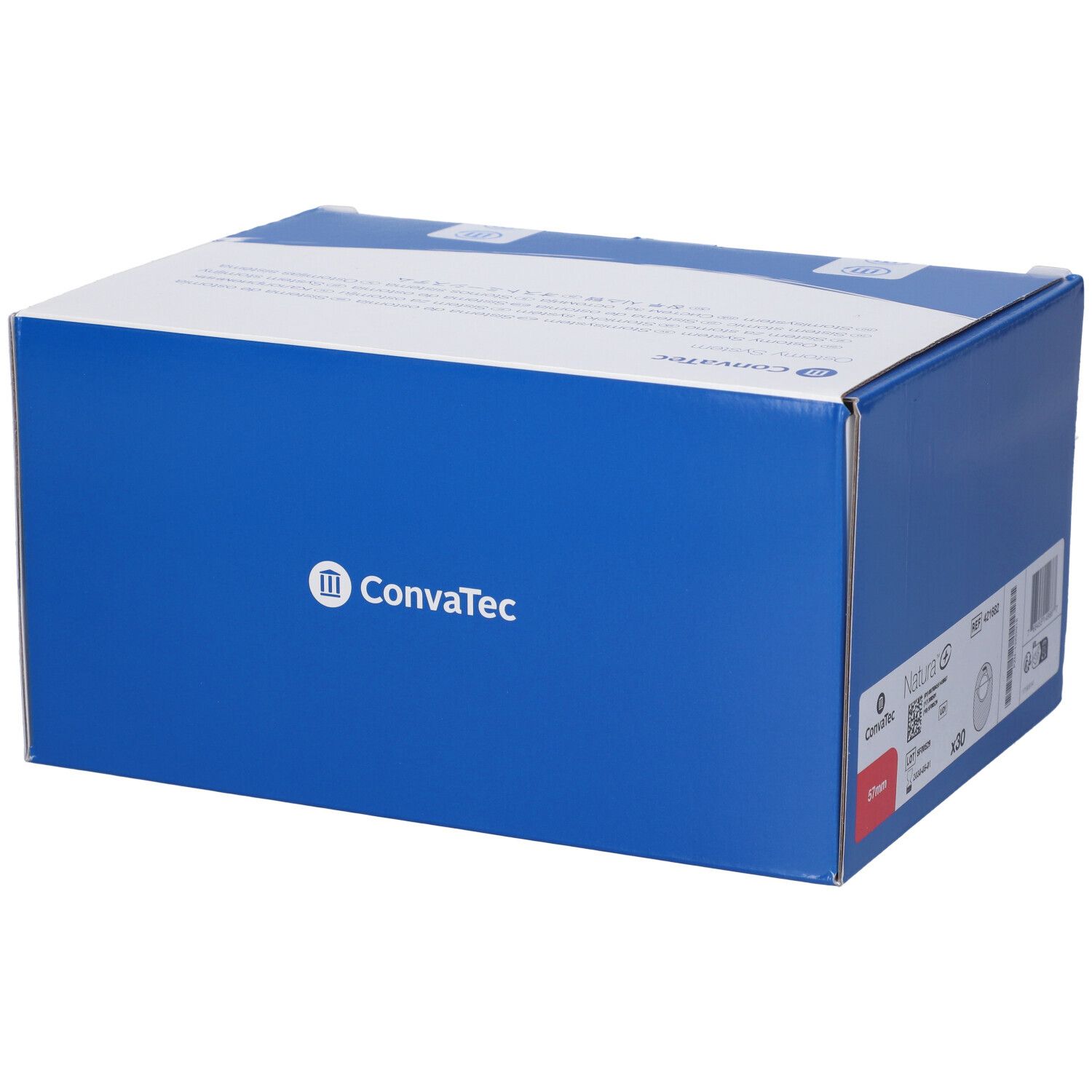 Scatola blu con coperchio bianco. Logo Convatec. Diciture prodotto multilingua. Codice a barre e informazioni.
