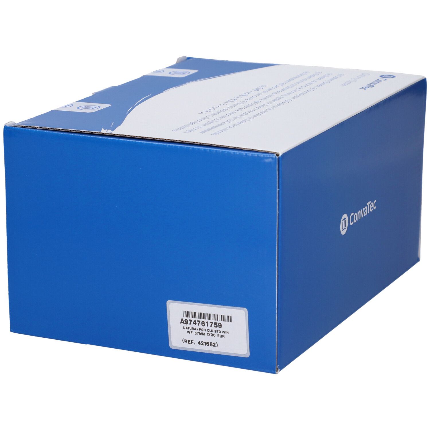 Scatola blu con coperchio bianco. Adesivo con codice a barre e informazioni prodotto. Logo Convatec.