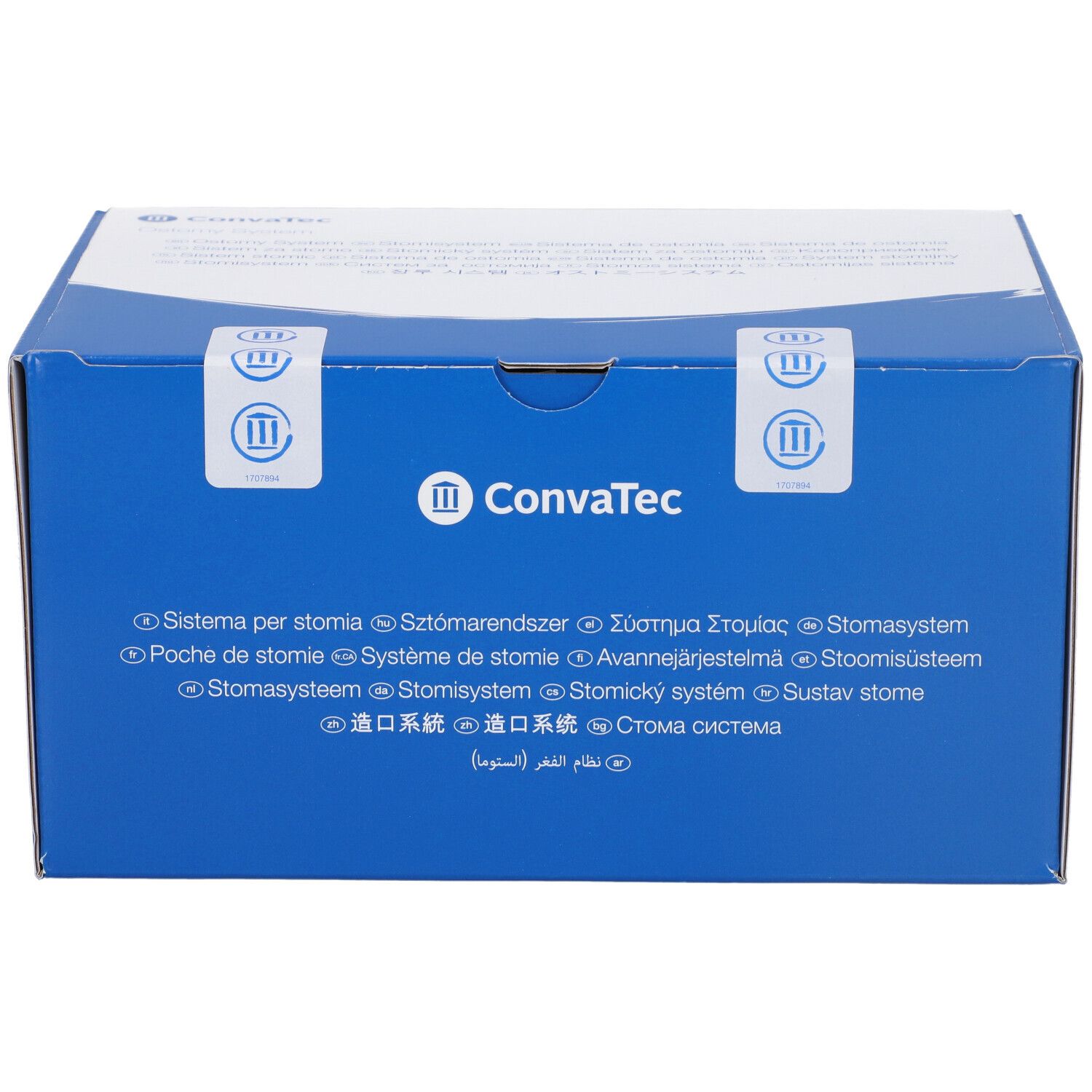 Scatola blu con coperchio bianco. Logo Convatec. Diciture prodotto multilingua. Sigilli di sicurezza.