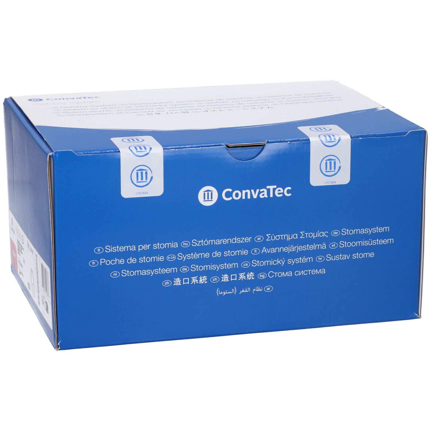 Scatola blu con coperchio bianco. Logo Convatec. Diciture prodotto multilingua. Sigilli di sicurezza.