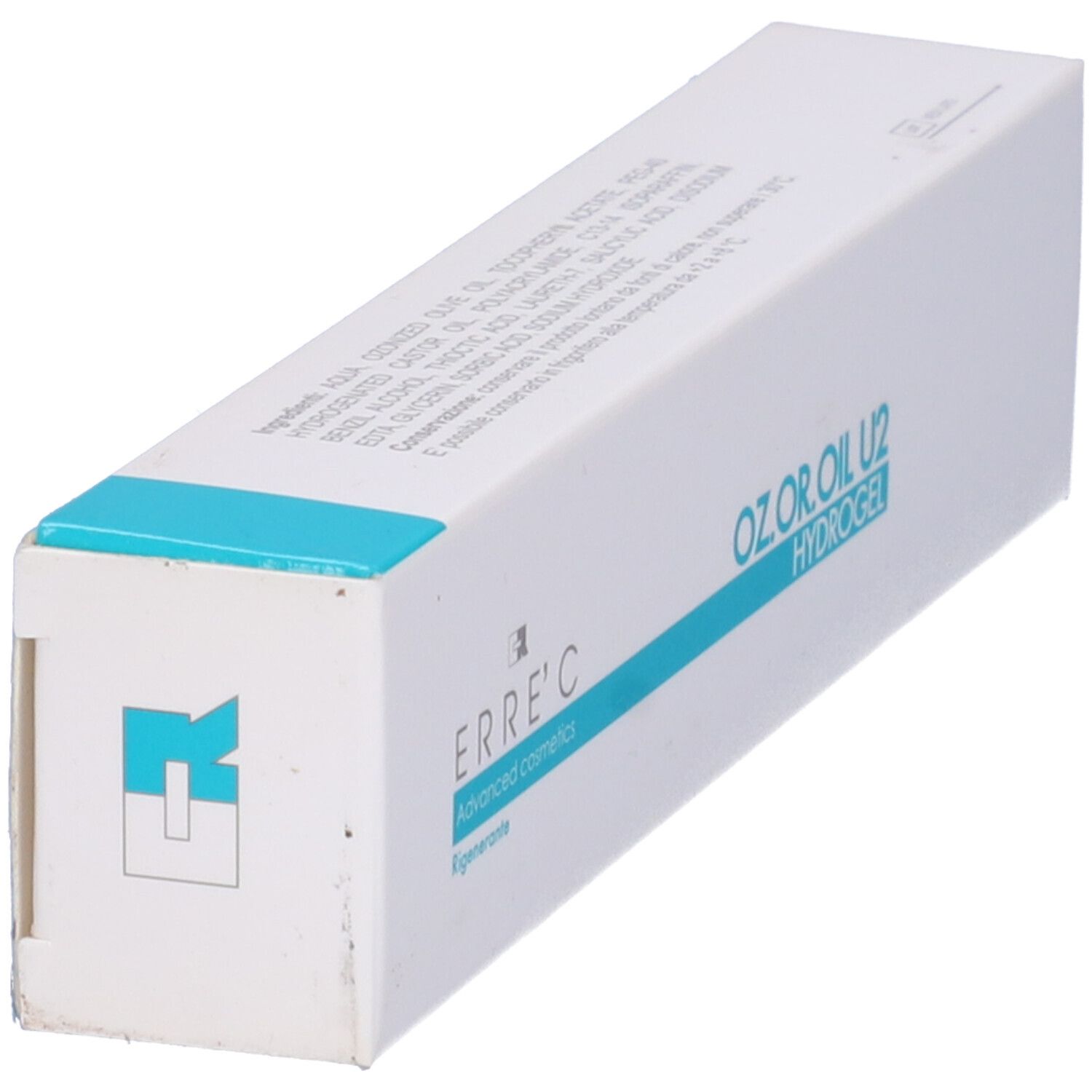 Scatola bianca inclinata con accenti blu. Scritto: OZ.OR.OIL U2 HYDROGEL. Marchio: ERRE'C Advanced cosmetics.