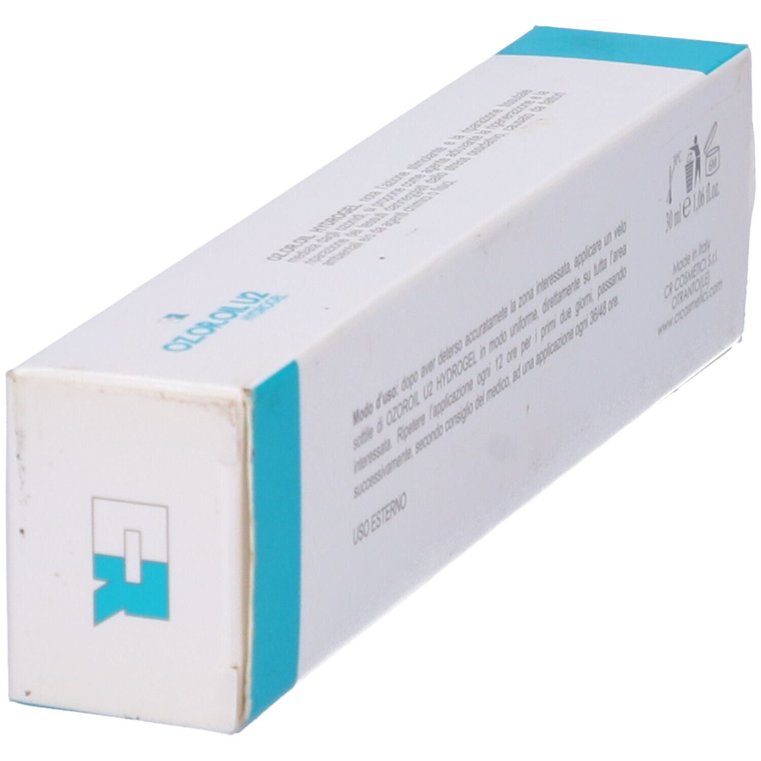 Scatola bianca inclinata con accenti blu. Testo: Istruzioni per l'uso. Scritto: OZ.OR.OIL U2 HYDROGEL. 30 ml.