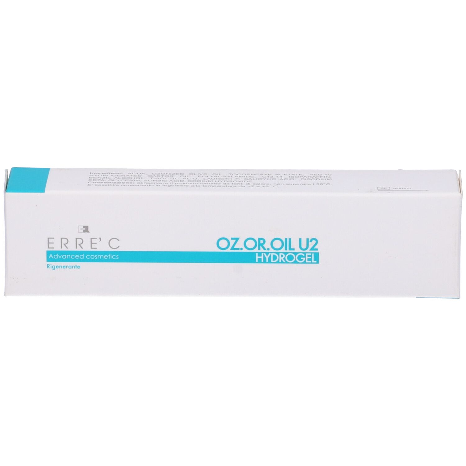 Scatola bianca con accenti blu. Scritto: OZ.OR.OIL U2 HYDROGEL. Marchio: ERRE'C Advanced cosmetics.