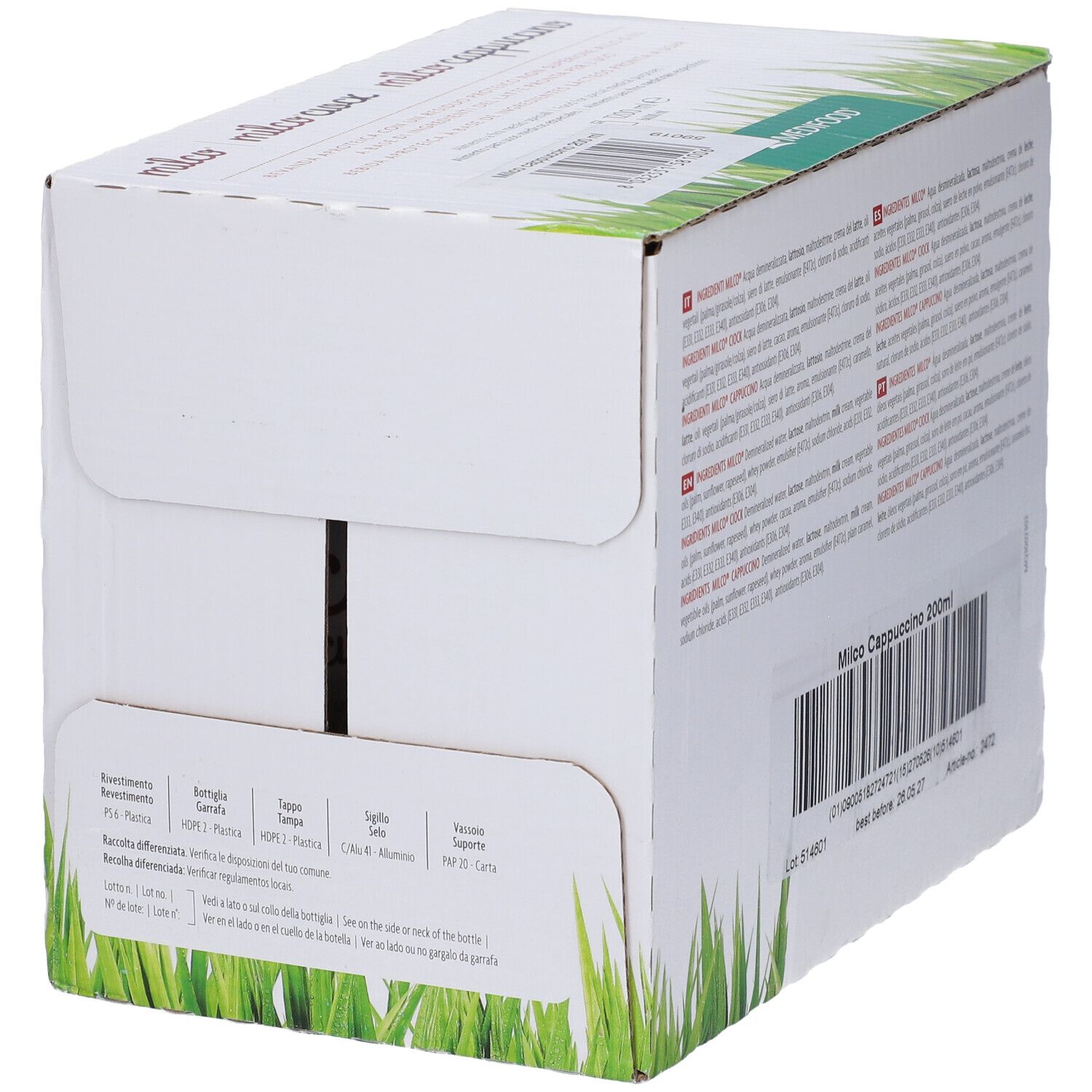 Vista laterale della confezione in cartone. Testo e codice a barre visibili. Grafica erba verde in basso.