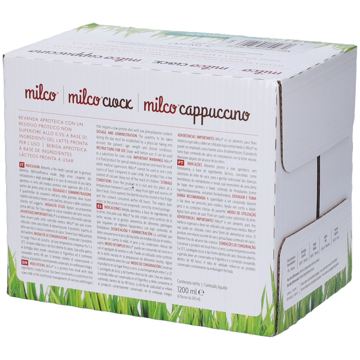 Confezione in cartone con testo. Scritta: Milco, Milco Ciocc, Milco Cappuccino. Volume: 1200 ml.
