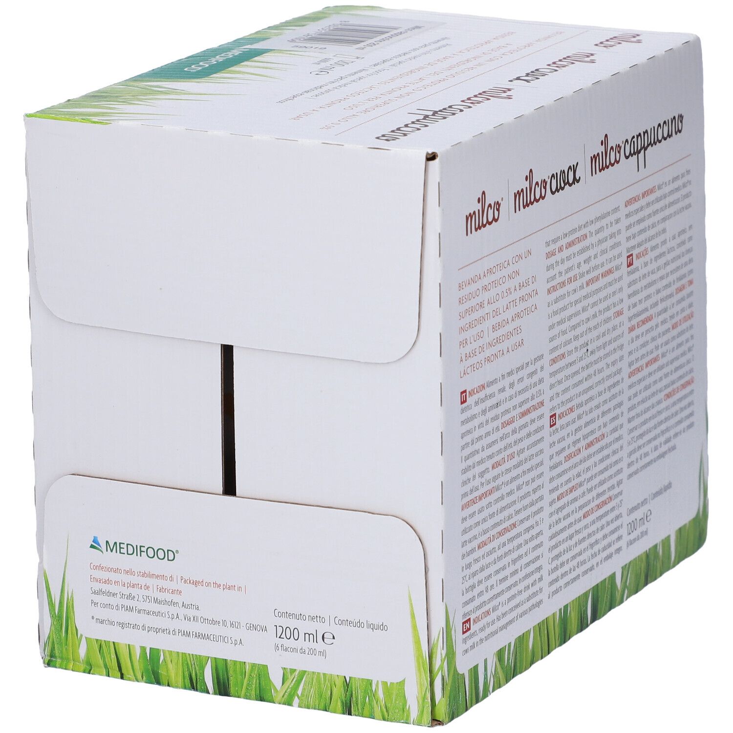 Vista laterale della confezione in cartone. Scritta: Medifood. Testo e grafica erba verde in basso.