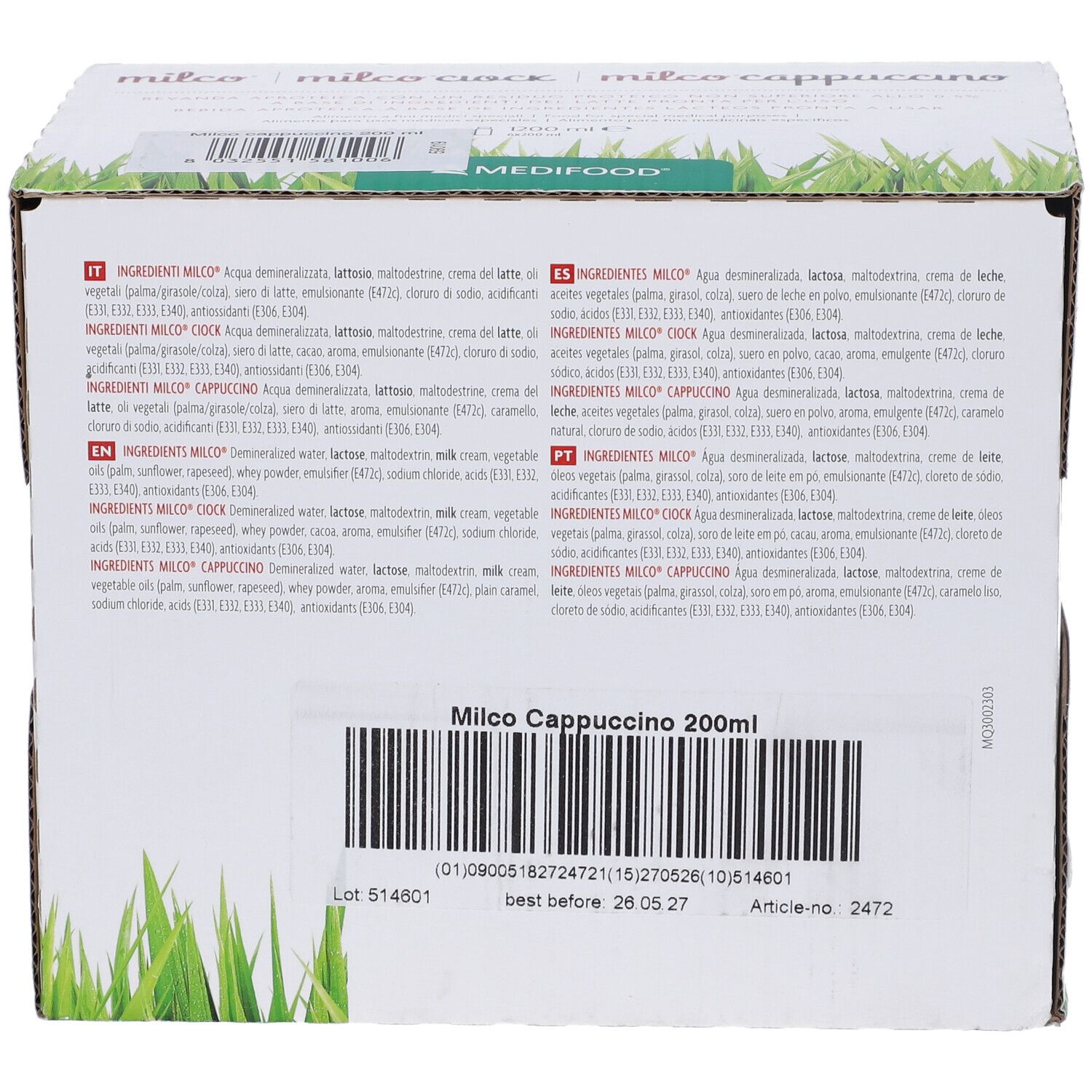 Confezione in cartone con testo. Scritta: Milco Cappuccino 200ml. Elenco ingredienti e codice a barre.