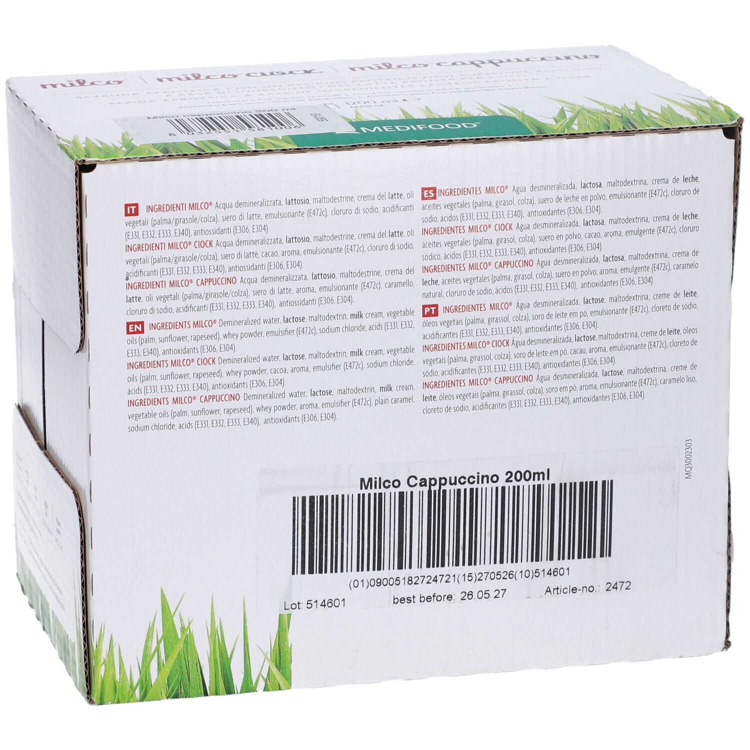 Confezione in cartone con testo. Scritta: Milco Cappuccino 200ml. Elenco ingredienti e codice a barre.