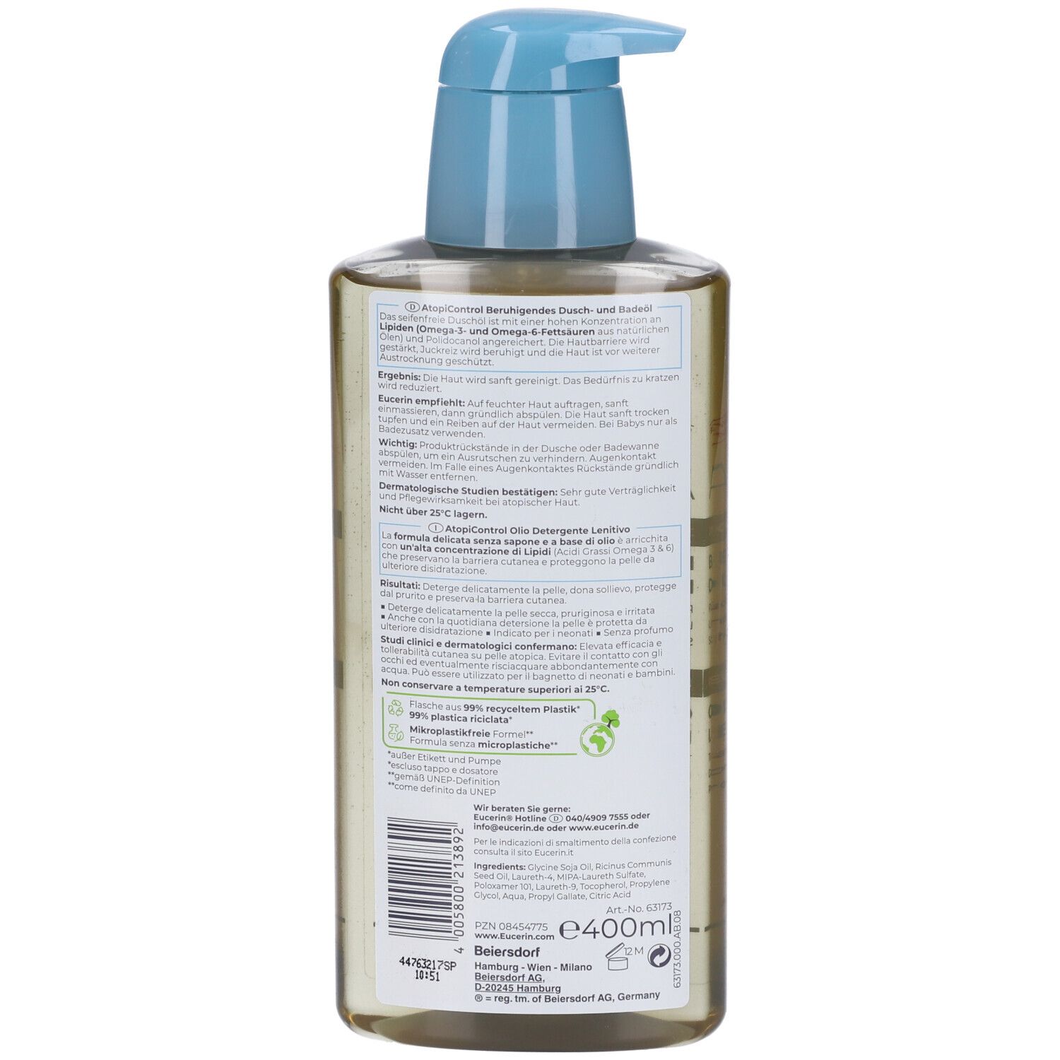 Retro del flacone Eucerin AtopiControl. Testo e informazioni.