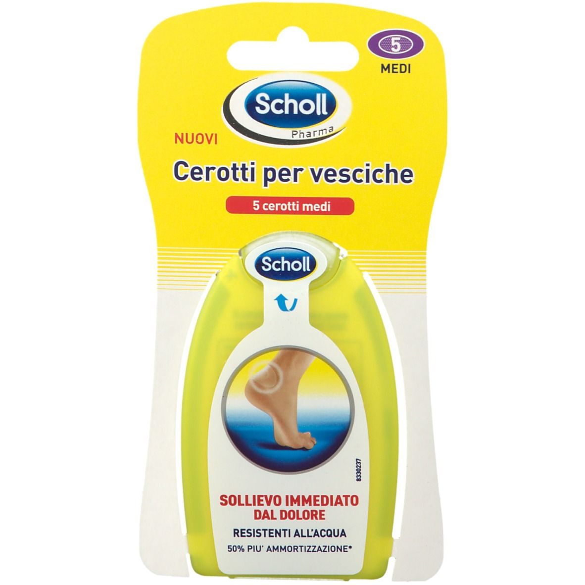 Confezione giallo-verde "Scholl Cerotti per vesciche". Contiene 5 cerotti. Illustrazione piede con vescica.