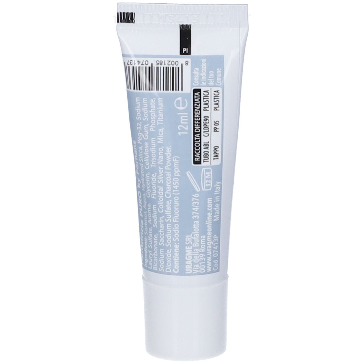Retro del tubo di dentifricio. Contiene ingredienti, codice a barre e testo. '12ml' e simboli di riciclo.