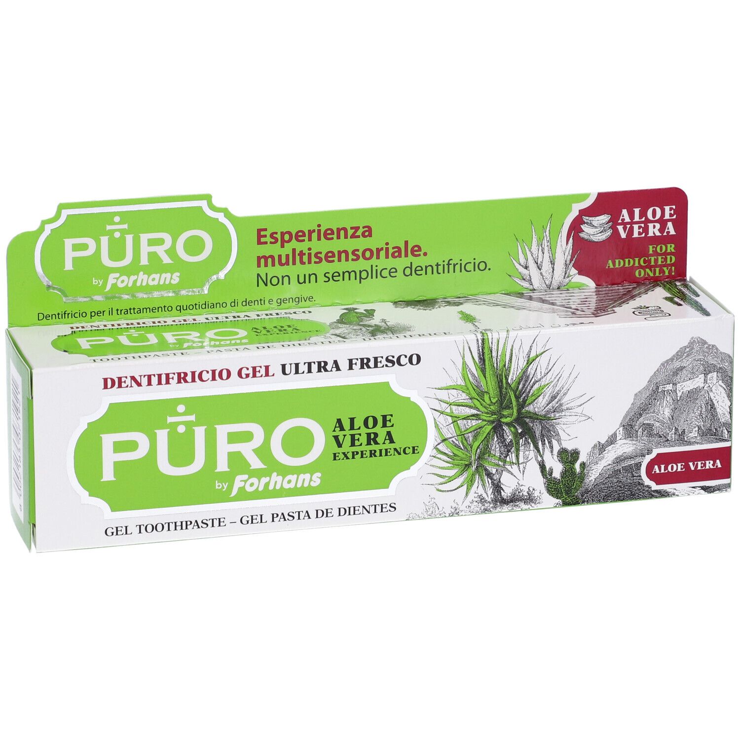Confezione di dentifricio. Verde e bianco. Scritta: PURO by Forhans, Aloe Vera. Gel dentifricio. Aloe Vera Experience.