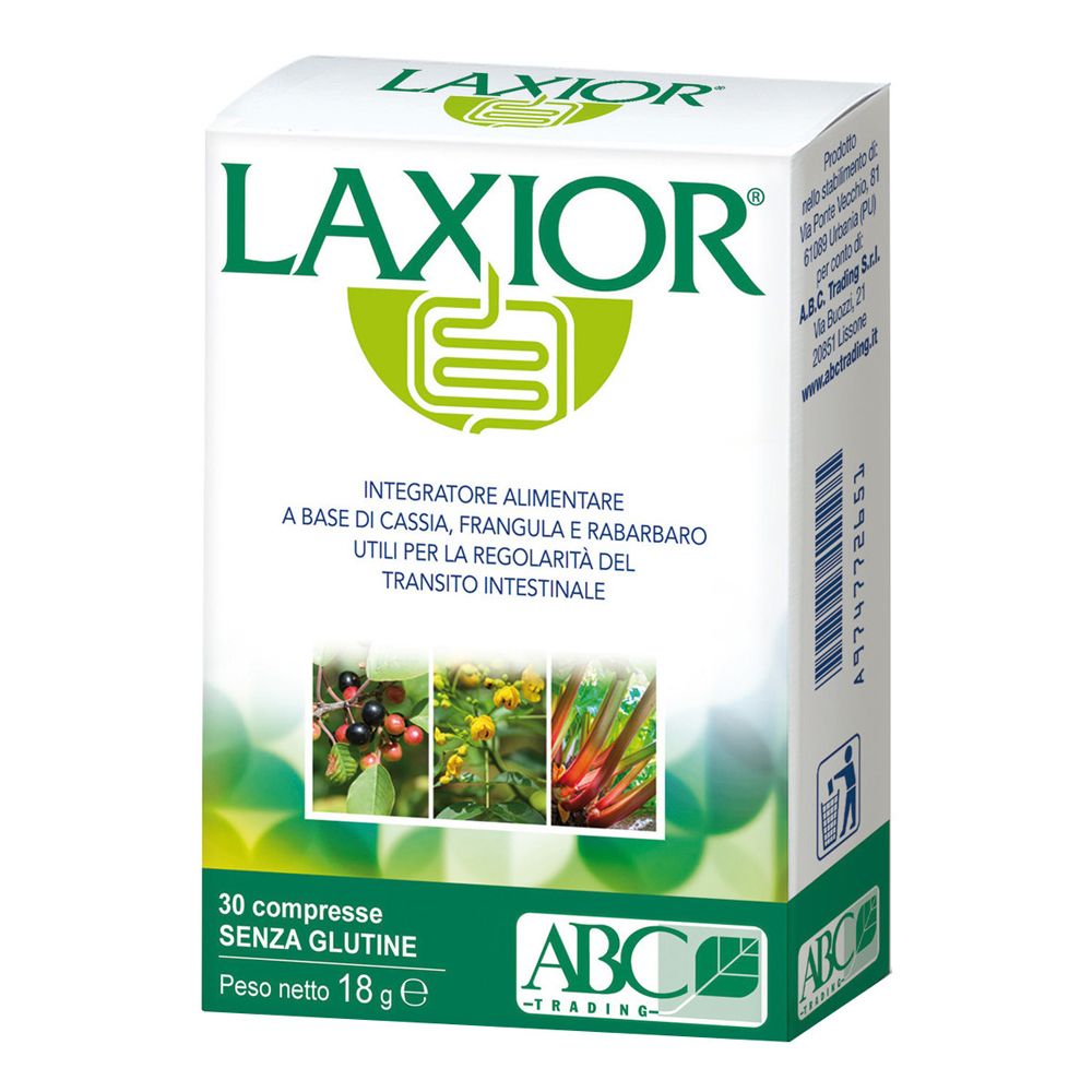 Scatola LAXIOR. Design verde e bianco, nome e logo del prodotto. 30 compresse, senza glutine. ABC Trading.
