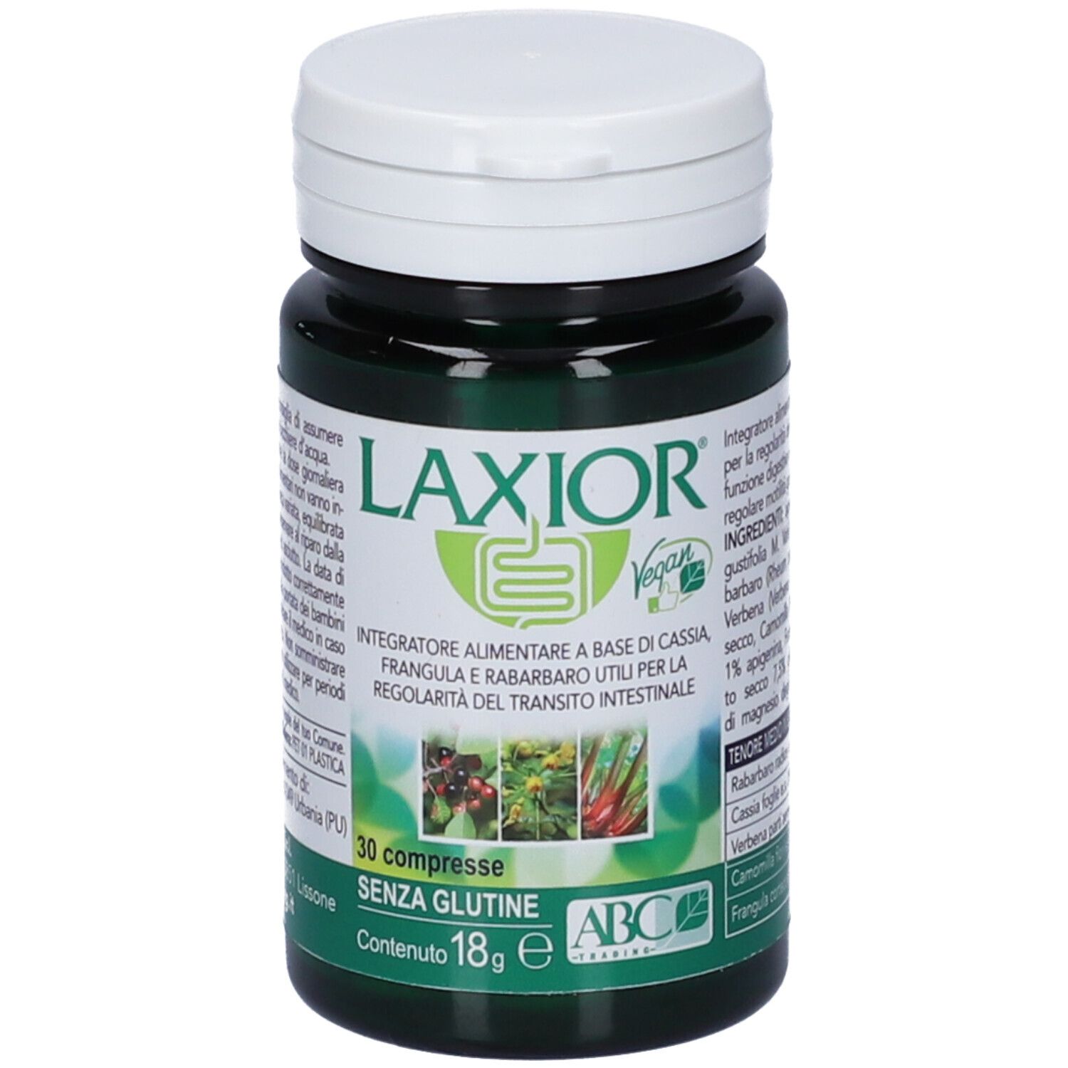 Flacone verde con tappo bianco. Etichetta LAXIOR, nome e logo del prodotto. 30 compresse, senza glutine. Vegan.
