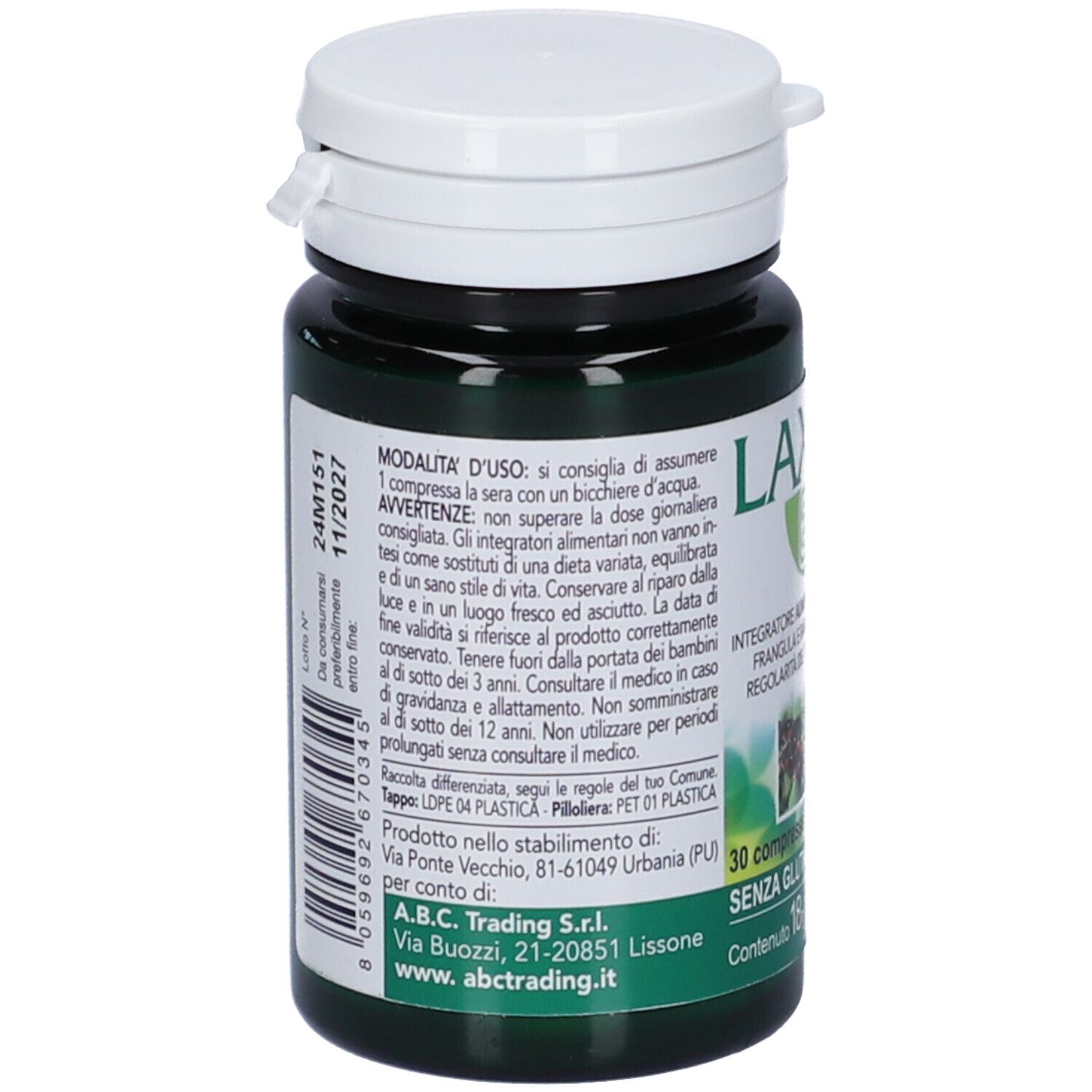 Retro del flacone verde. Testo con istruzioni e ingredienti. Scadenza 11/2027. ABC Trading.
