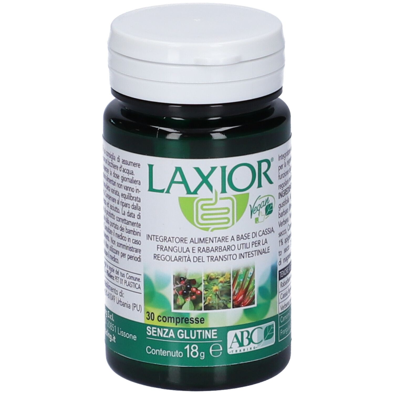 Flacone verde con tappo bianco. Etichetta LAXIOR, nome e logo del prodotto. 30 compresse, senza glutine. Vegan.