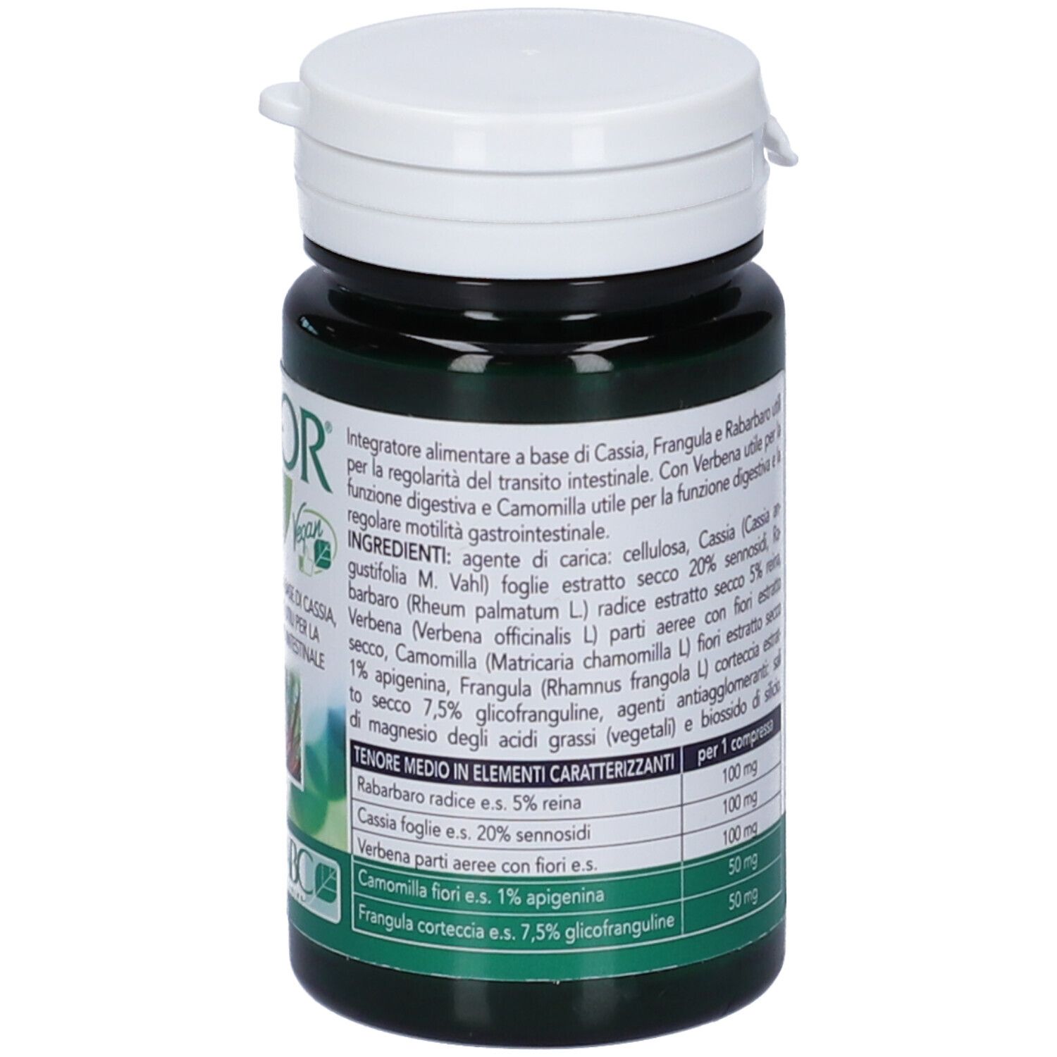 Retro del flacone verde. Tabella ingredienti. 100mg, 50mg. ABC Trading.