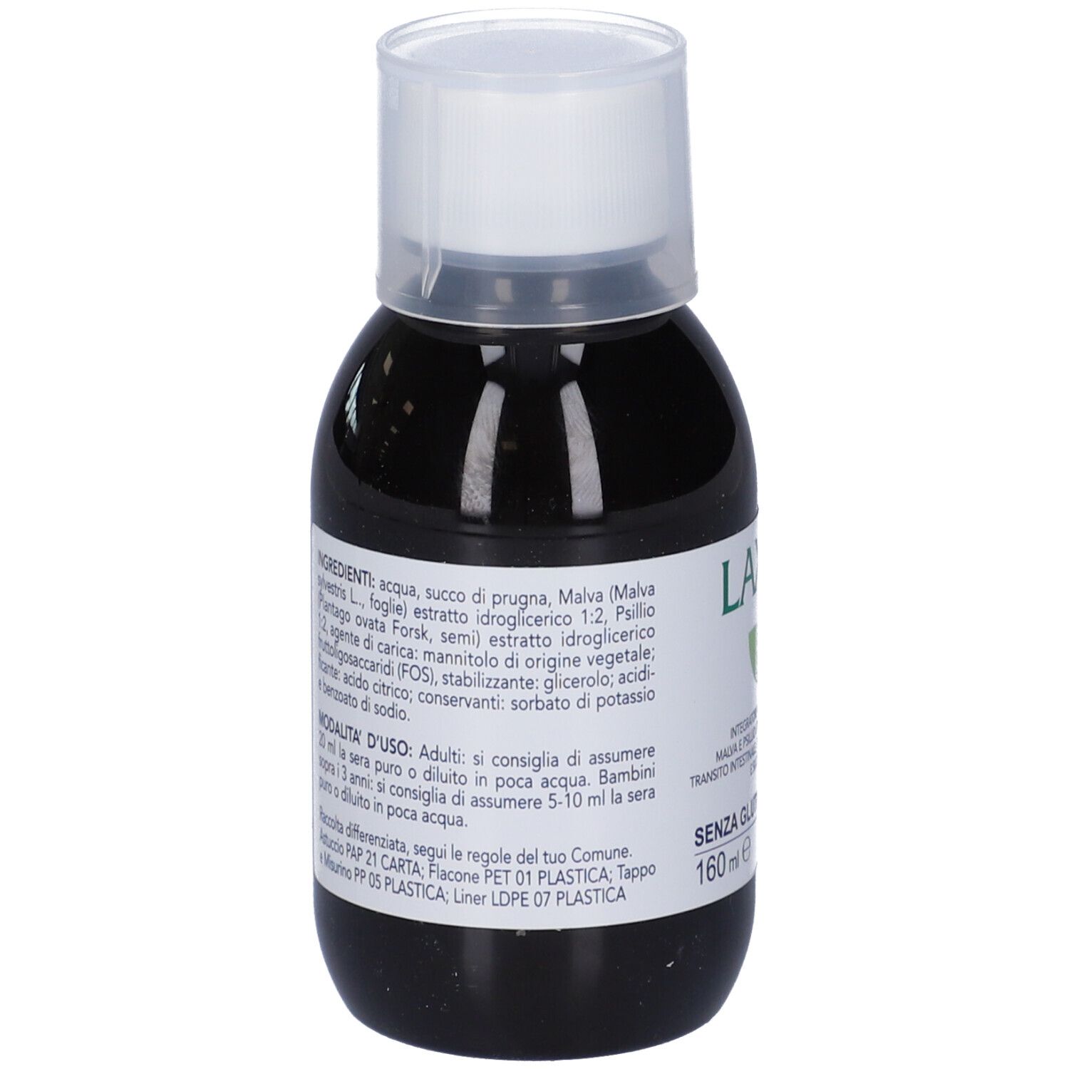 Bottiglia con liquido e tappo bianco. Sul retro testo sugli ingredienti e l'uso. 160 ml.