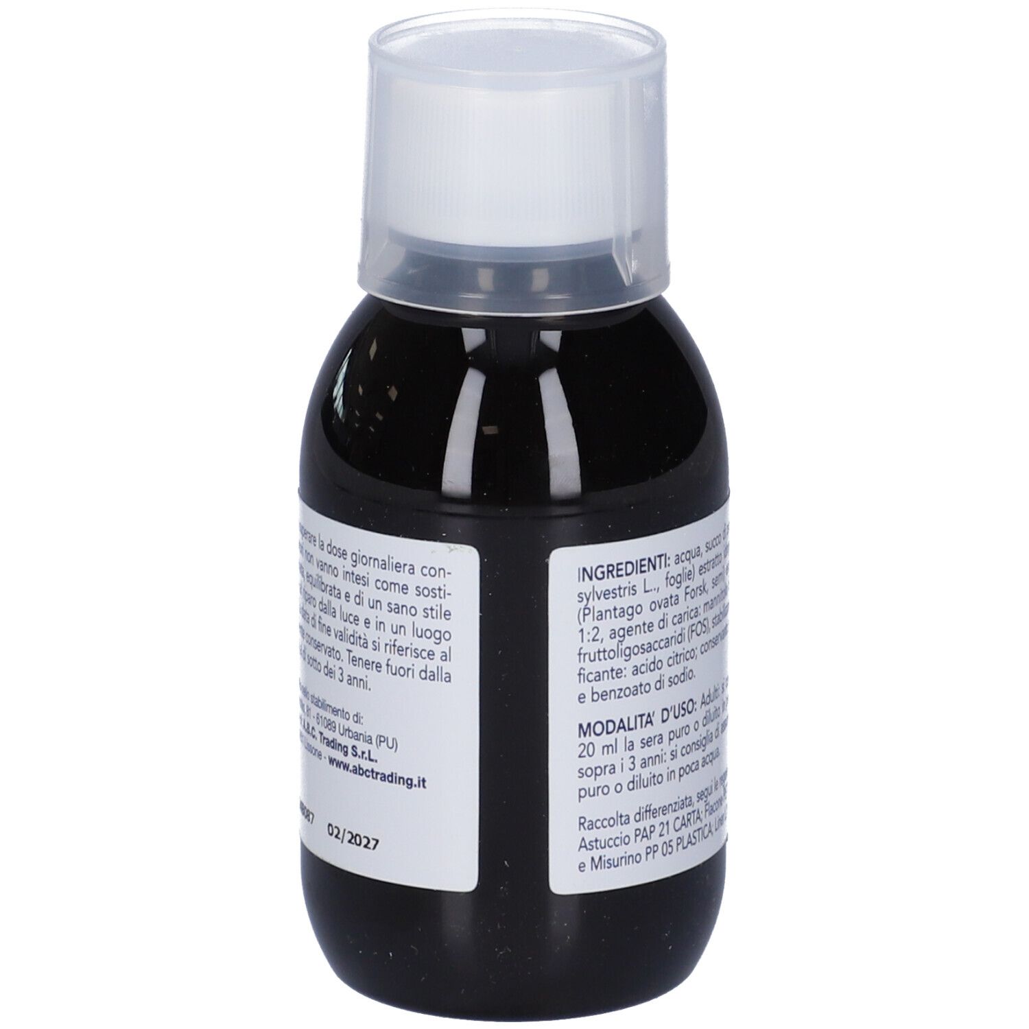 Bottiglia con liquido e tappo bianco. Sul retro testo sugli ingredienti e l'uso. 160 ml.