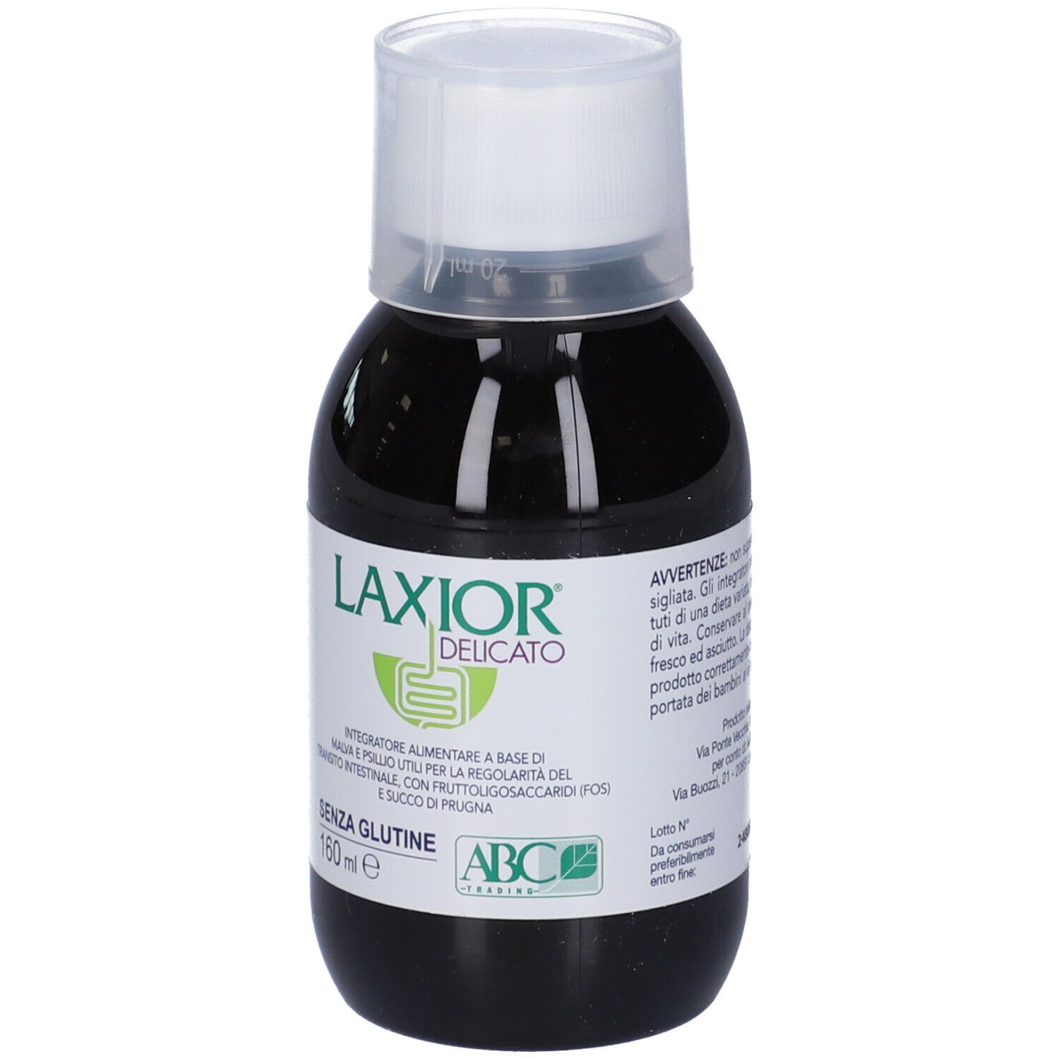 Bottiglia di liquido con tappo bianco. Scritta: LAXIOR DELICATO, SENZA GLUTINE, 160 ml. Logo ABC Trading.