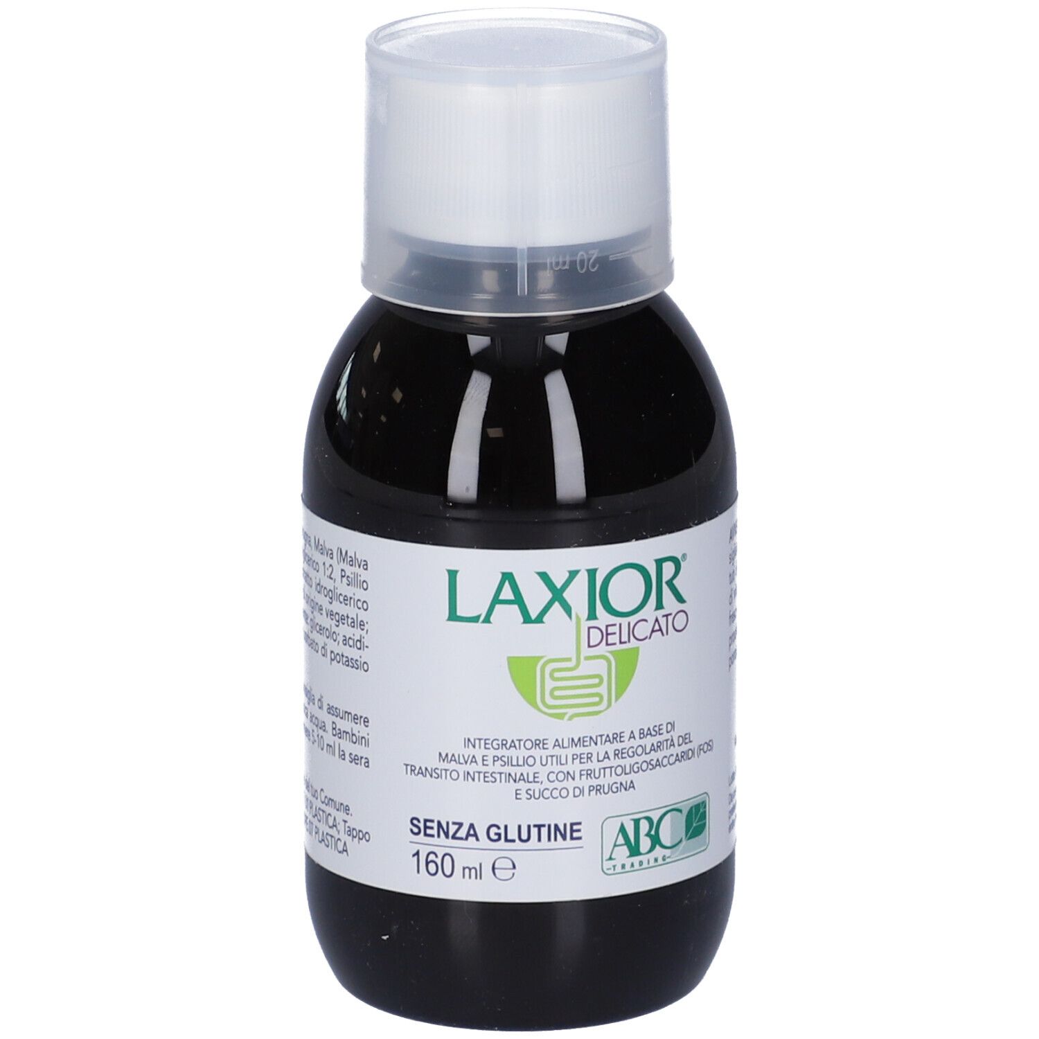 Bottiglia di liquido con tappo bianco. Scritta: LAXIOR DELICATO, SENZA GLUTINE, 160 ml. Logo ABC Trading.
