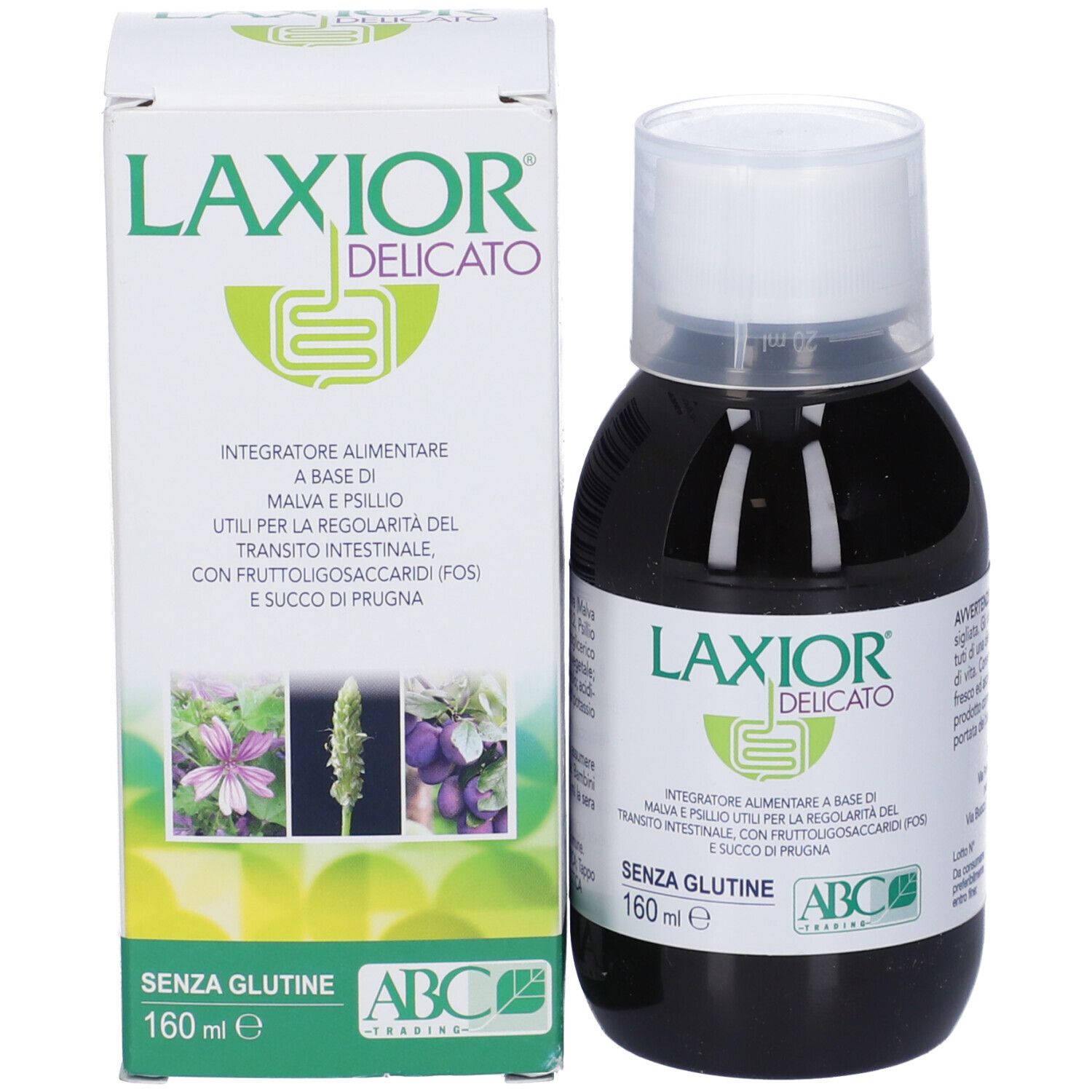 Confezione e bottiglia del prodotto. Scritta: LAXIOR DELICATO, SENZA GLUTINE, 160 ml. Logo ABC Trading. Immagini di piante.