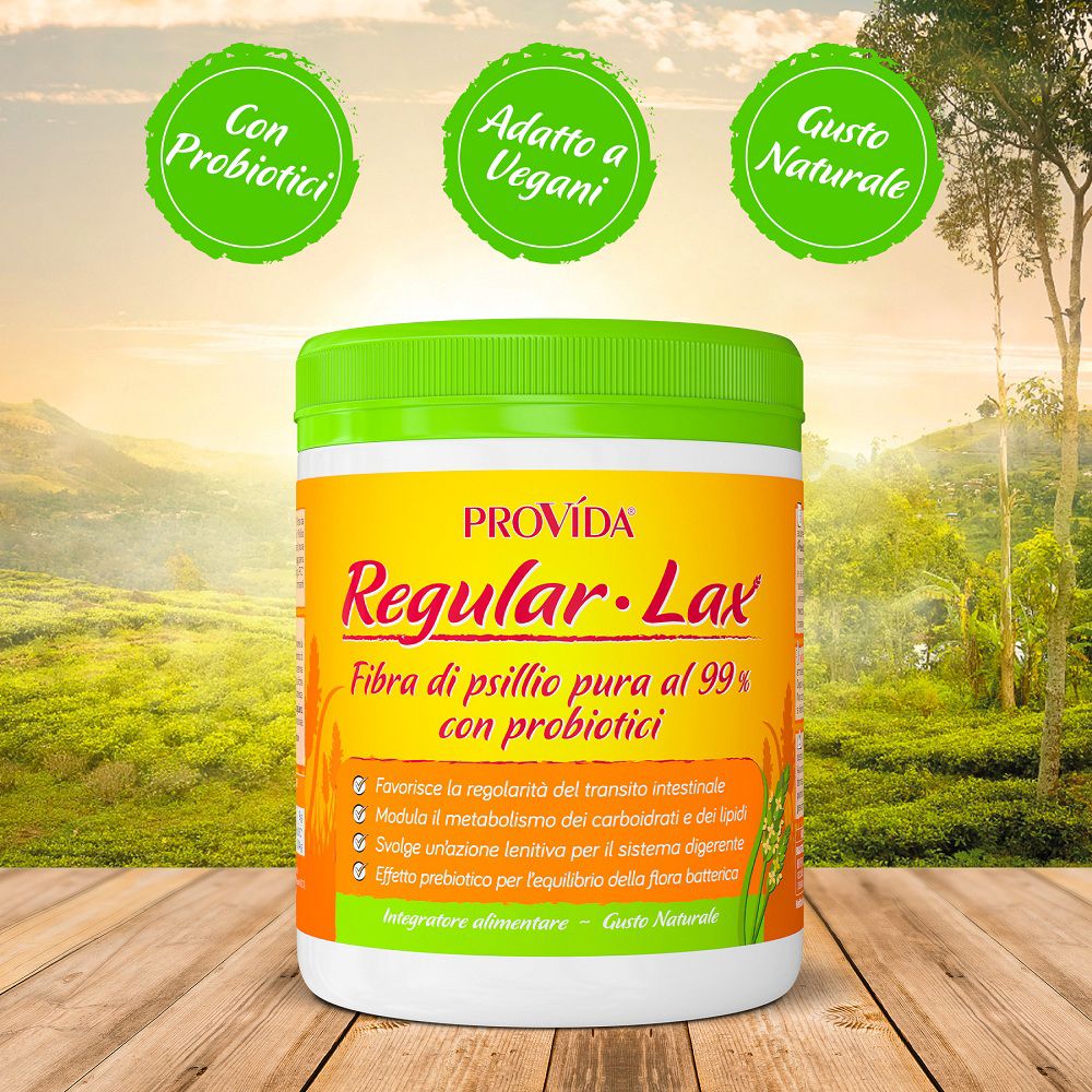 Barattolo Provida Regular Lax all'aperto, con probiotici, per vegani, gusto naturale.