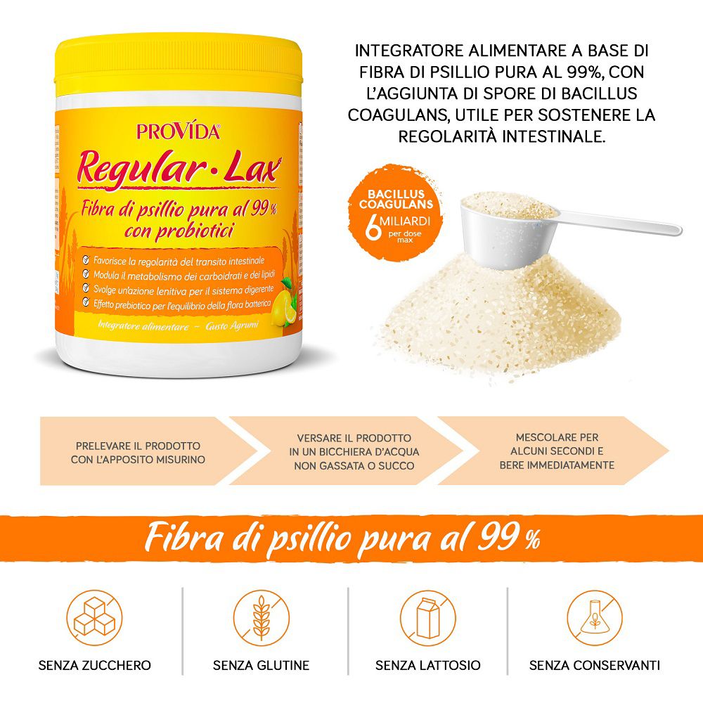 Provida Regular-Lax: Fibra di psillio con probiotici, istruzioni per l'uso.